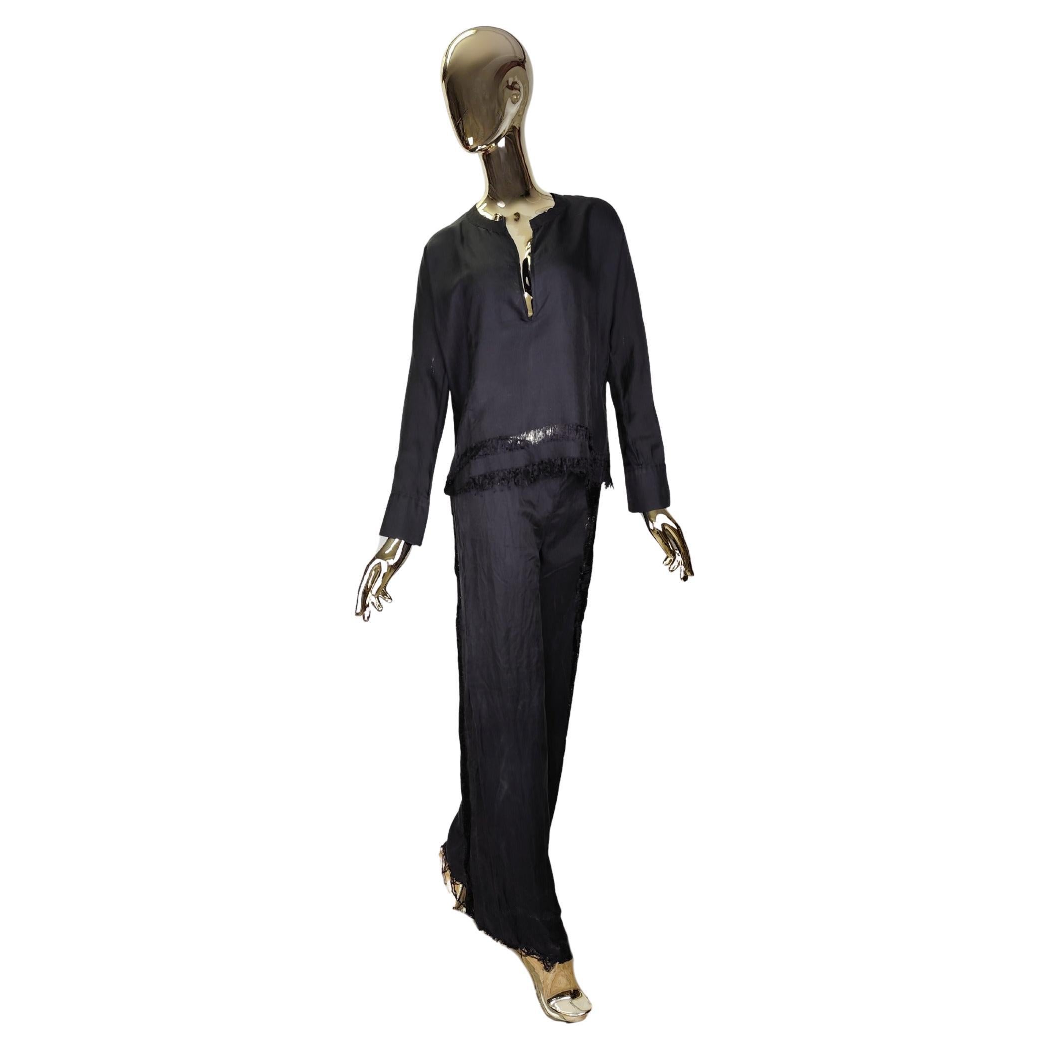 Roberto Cavalli 2000s black distressed silk blouse and pants set For Sale