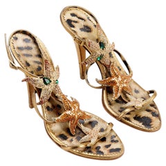 Roberto Cavalli 2000s Gold Starfish Embellished Ankle Strap Heels