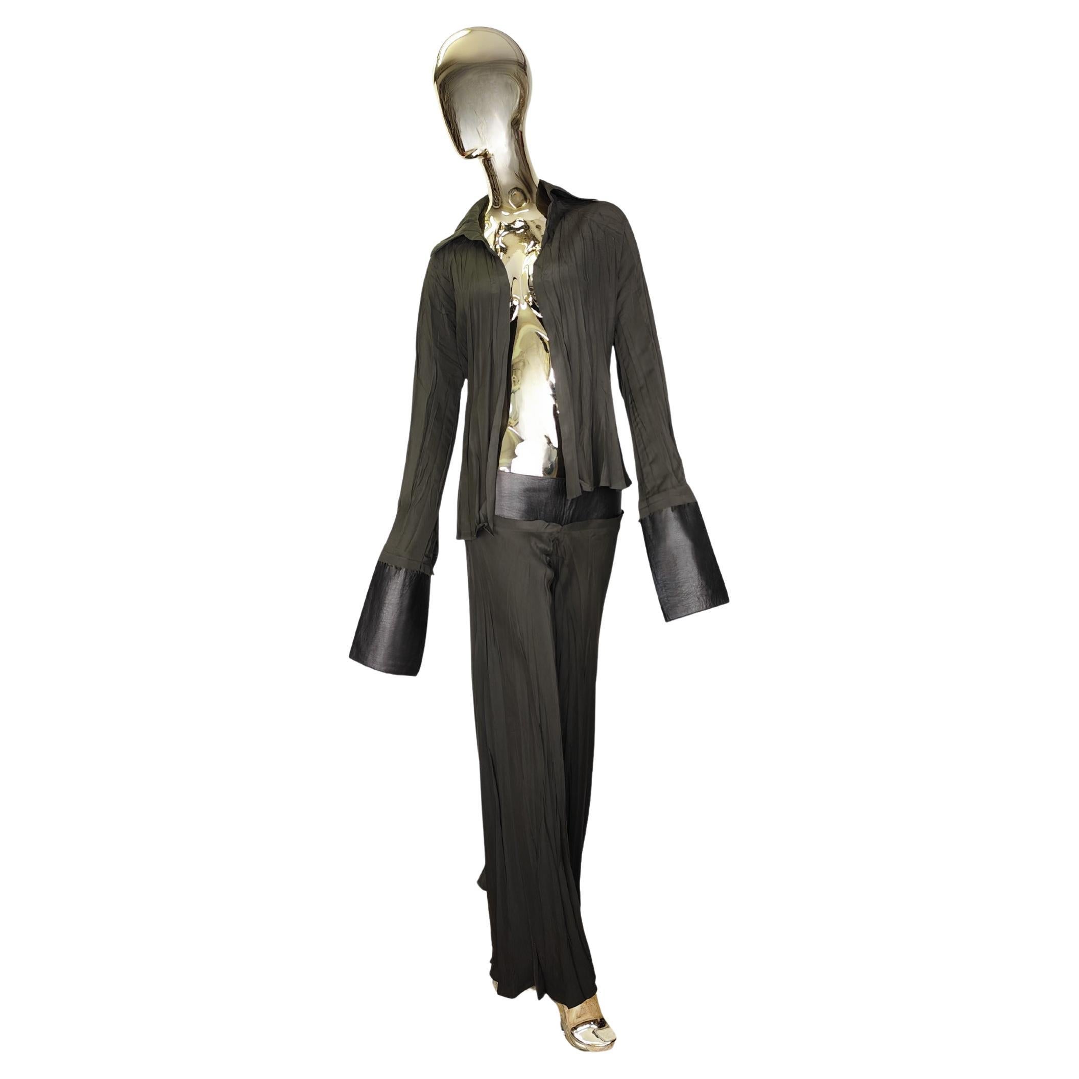 Roberto Cavalli 2000s green silk and leather shirt and pants set For Sale