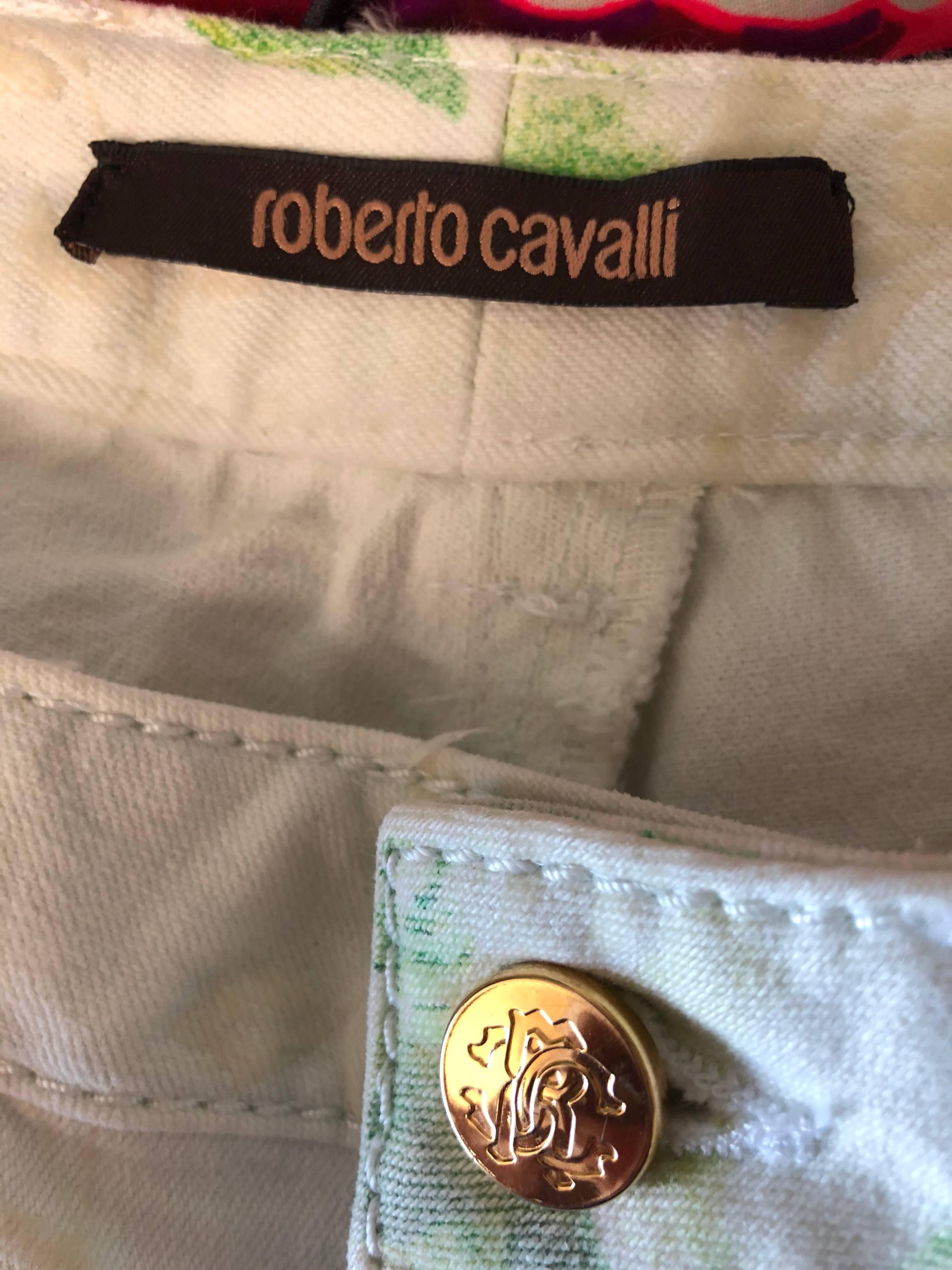 Roberto Cavalli 2000s Low Rise White Green Yellow Boot Cut Size 6 Pants JeanS For Sale 2