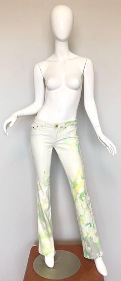 Roberto Cavalli 2000s Low Rise White Green Yellow Boot Cut Size 6 Pants JeanS