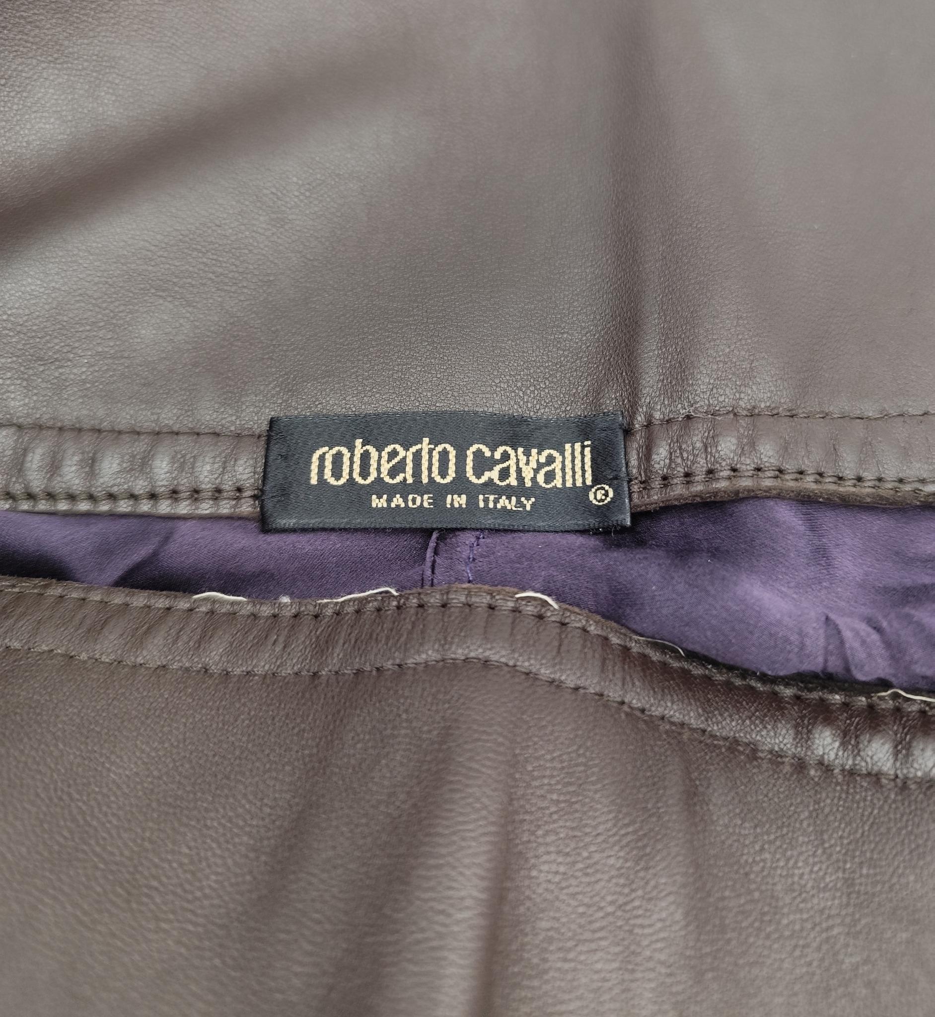 Roberto Cavalli 2000s purple silk and leather shirt and pants set For Sale 6