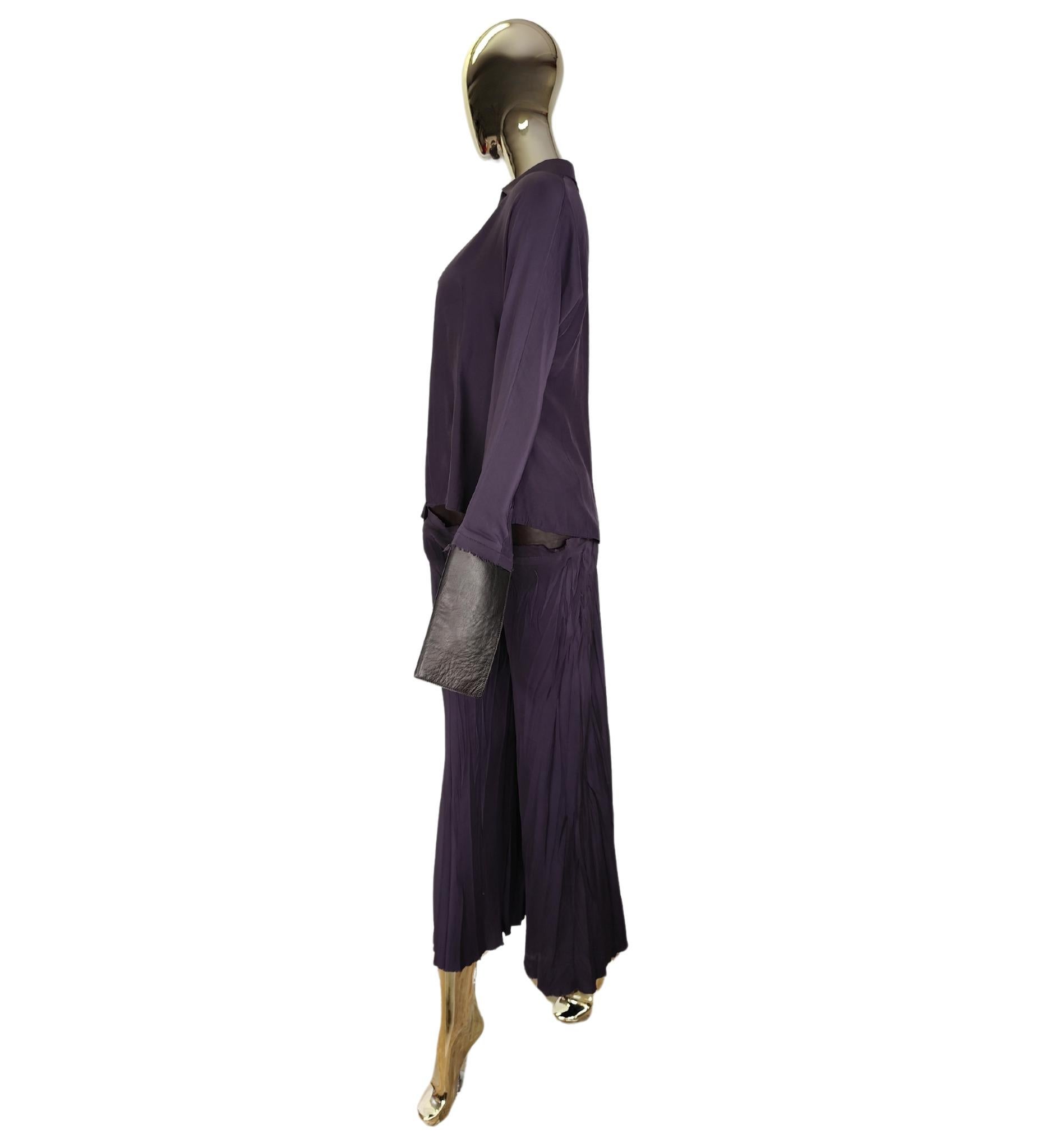 Roberto Cavalli 2000s purple silk and leather shirt and pants set In Good Condition For Sale In Milano, IT