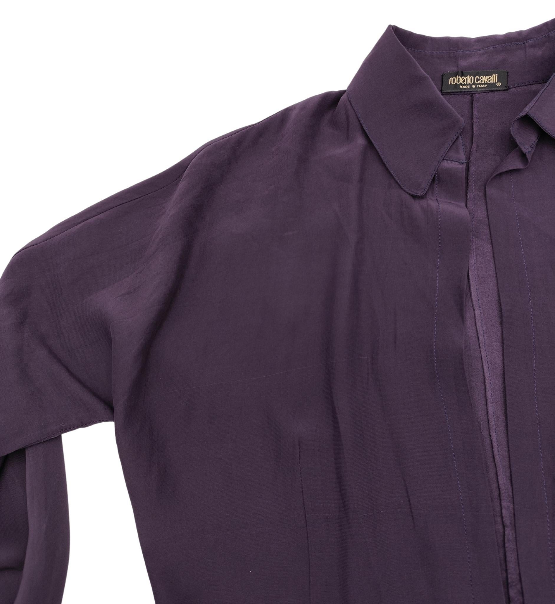 Roberto Cavalli 2000s purple silk and leather shirt and pants set For Sale 1