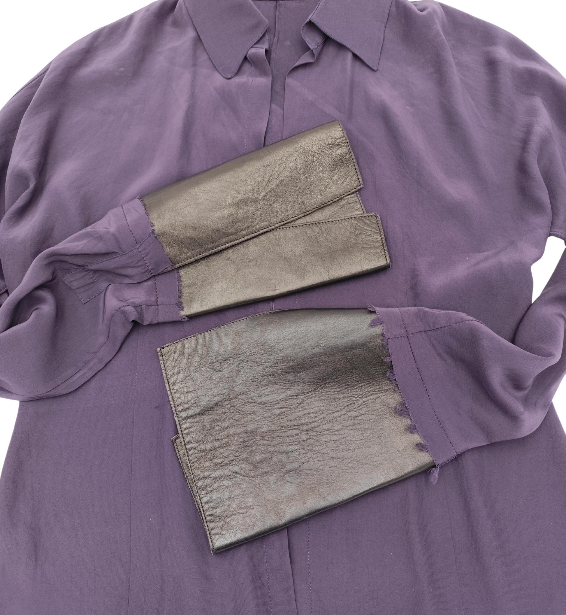 Roberto Cavalli 2000s purple silk and leather shirt and pants set For Sale 2