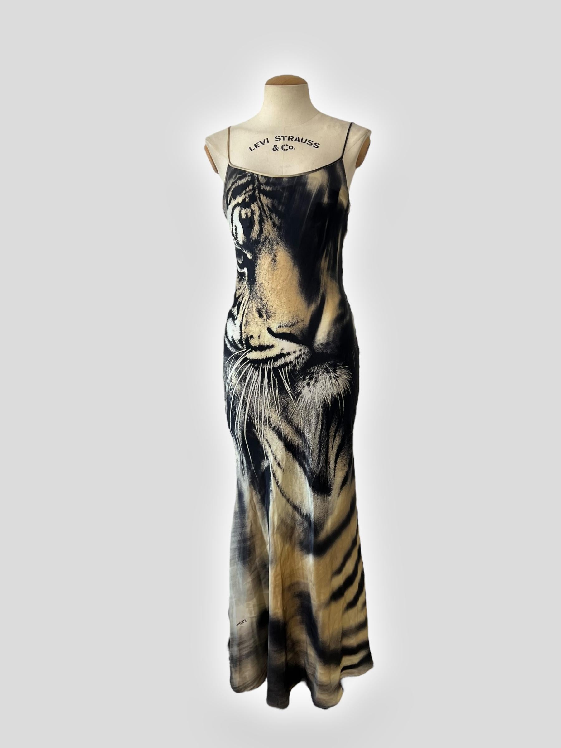 Black Roberto Cavalli 2000s Silk Tiger Print Bias-Cut Dress For Sale