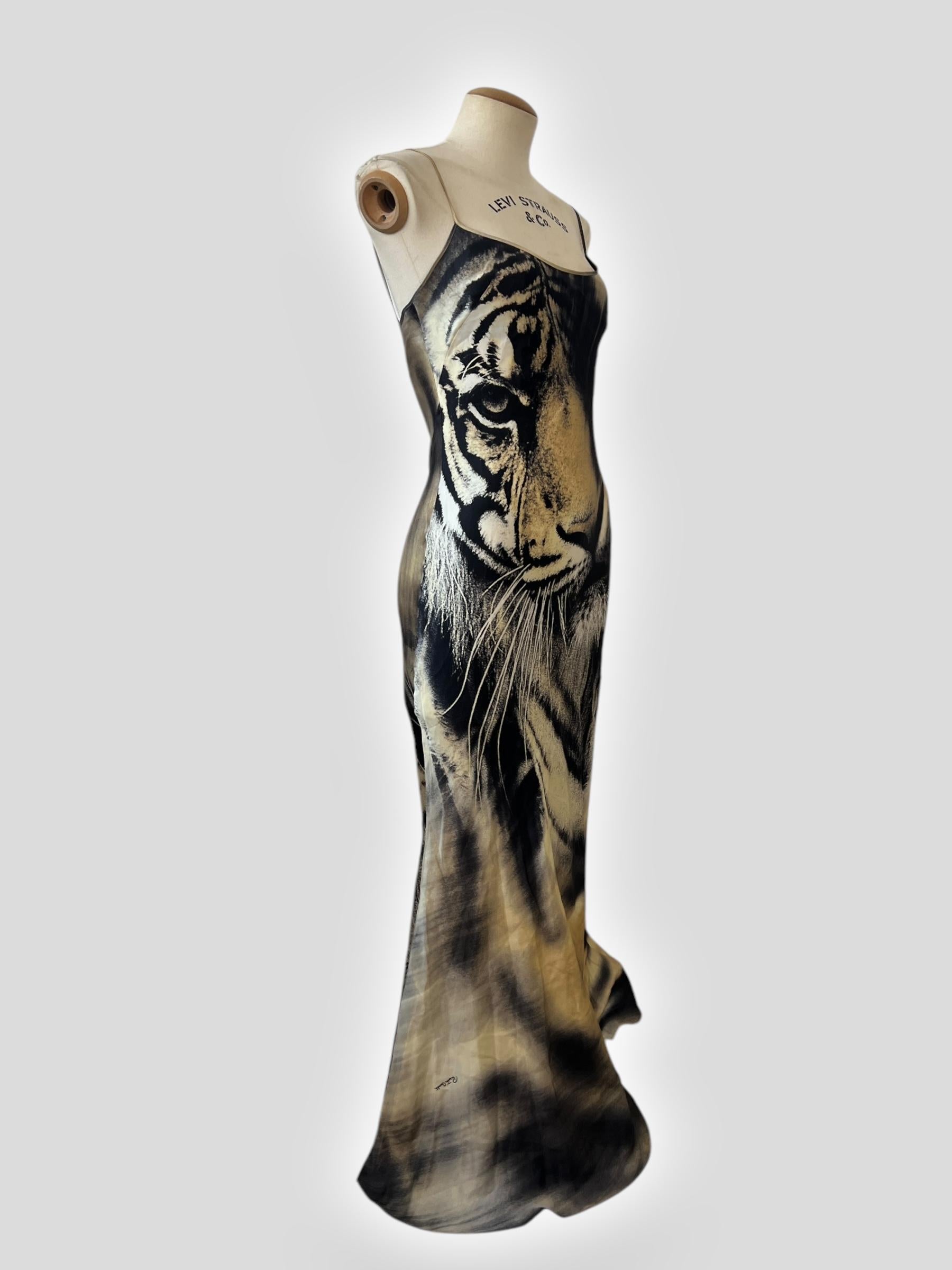 Roberto Cavalli 2000s Silk Tiger Print Bias-Cut Dress For Sale 1