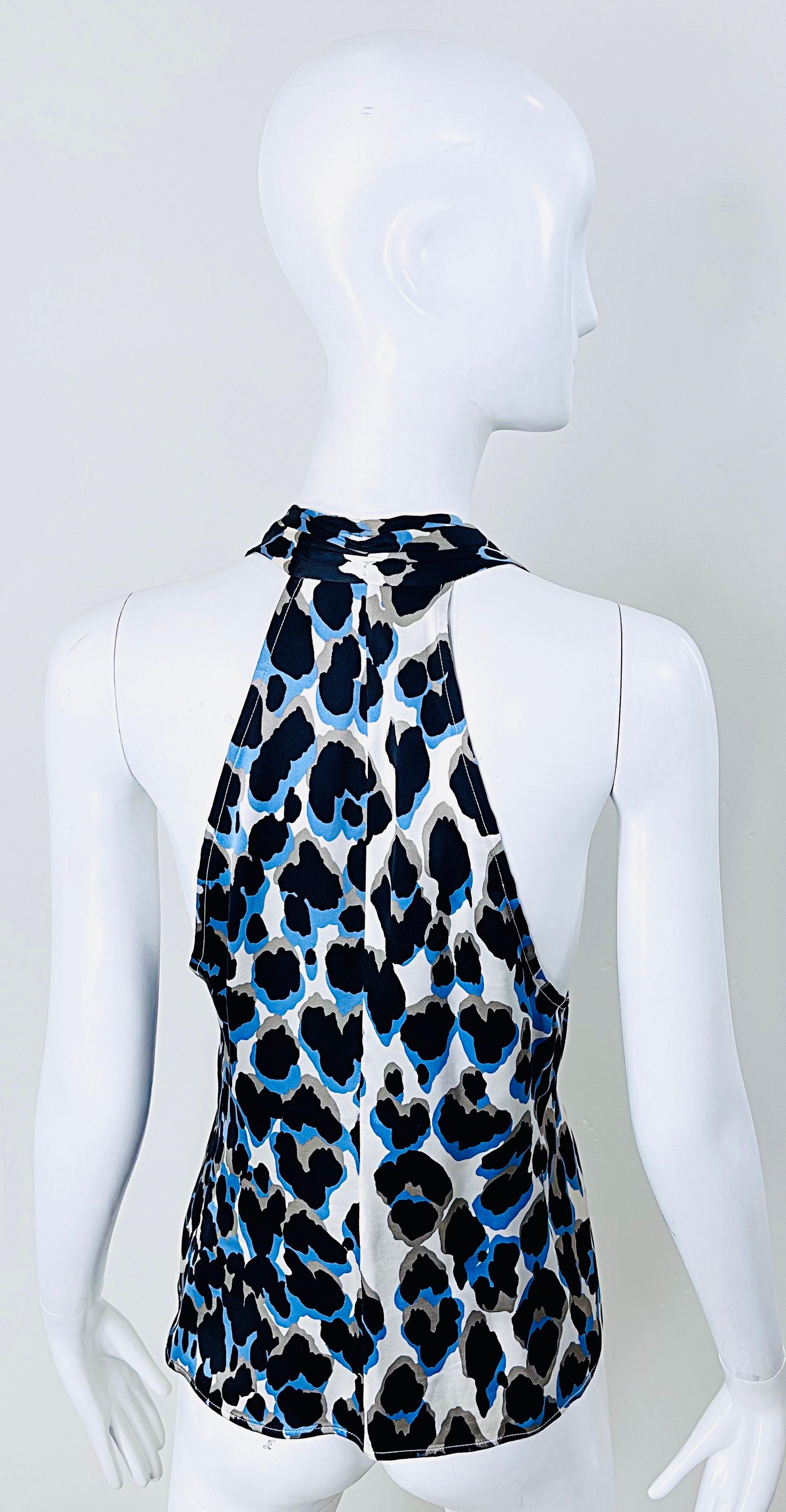 Roberto Cavalli 2000s Size 44 / US 8 Blue Leopard Silk Sleeveless Ruffle Blouse For Sale 6