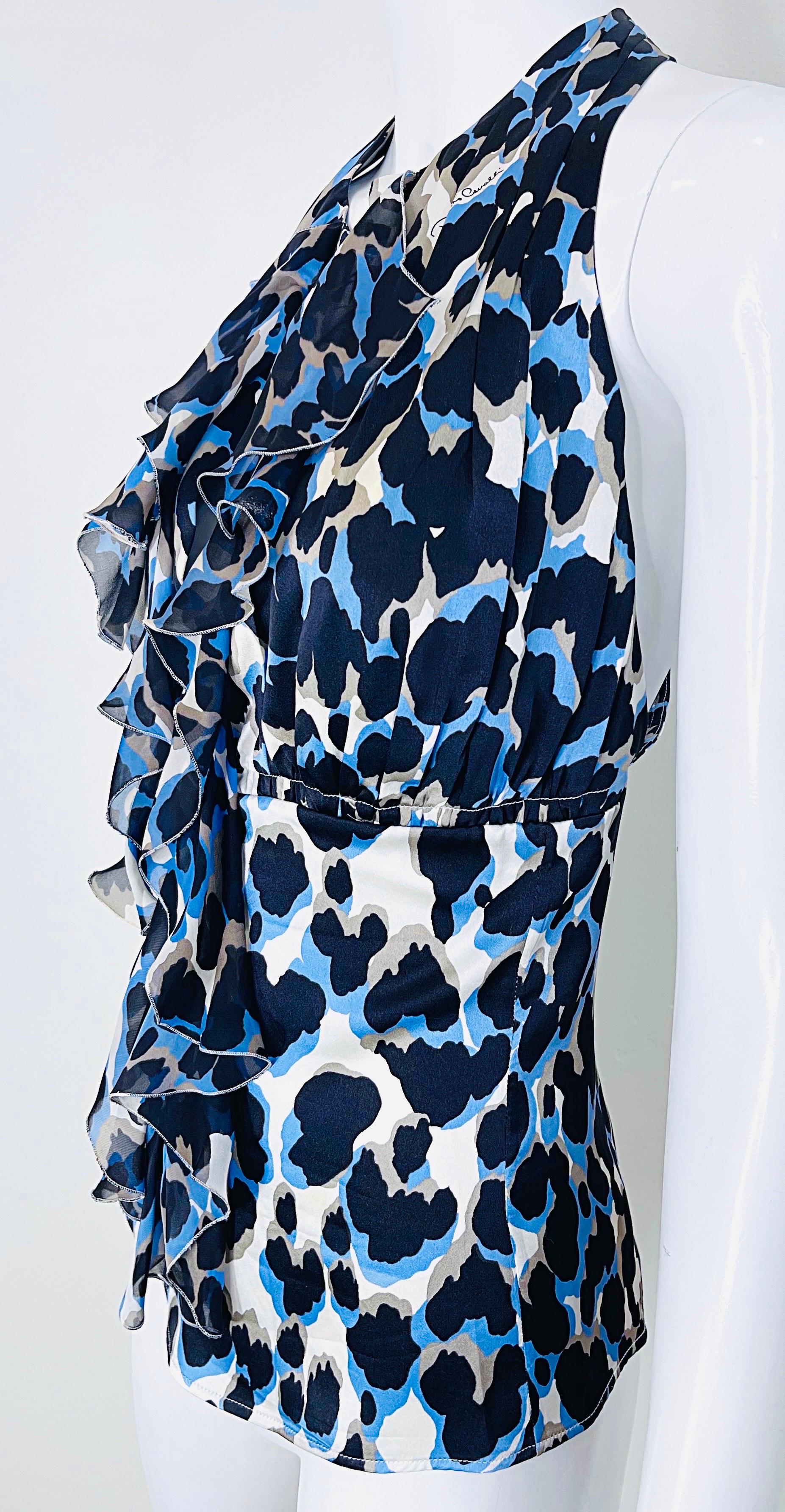 Roberto Cavalli 2000s Size 44 / US 8 Blue Leopard Silk Sleeveless Ruffle Blouse For Sale 7