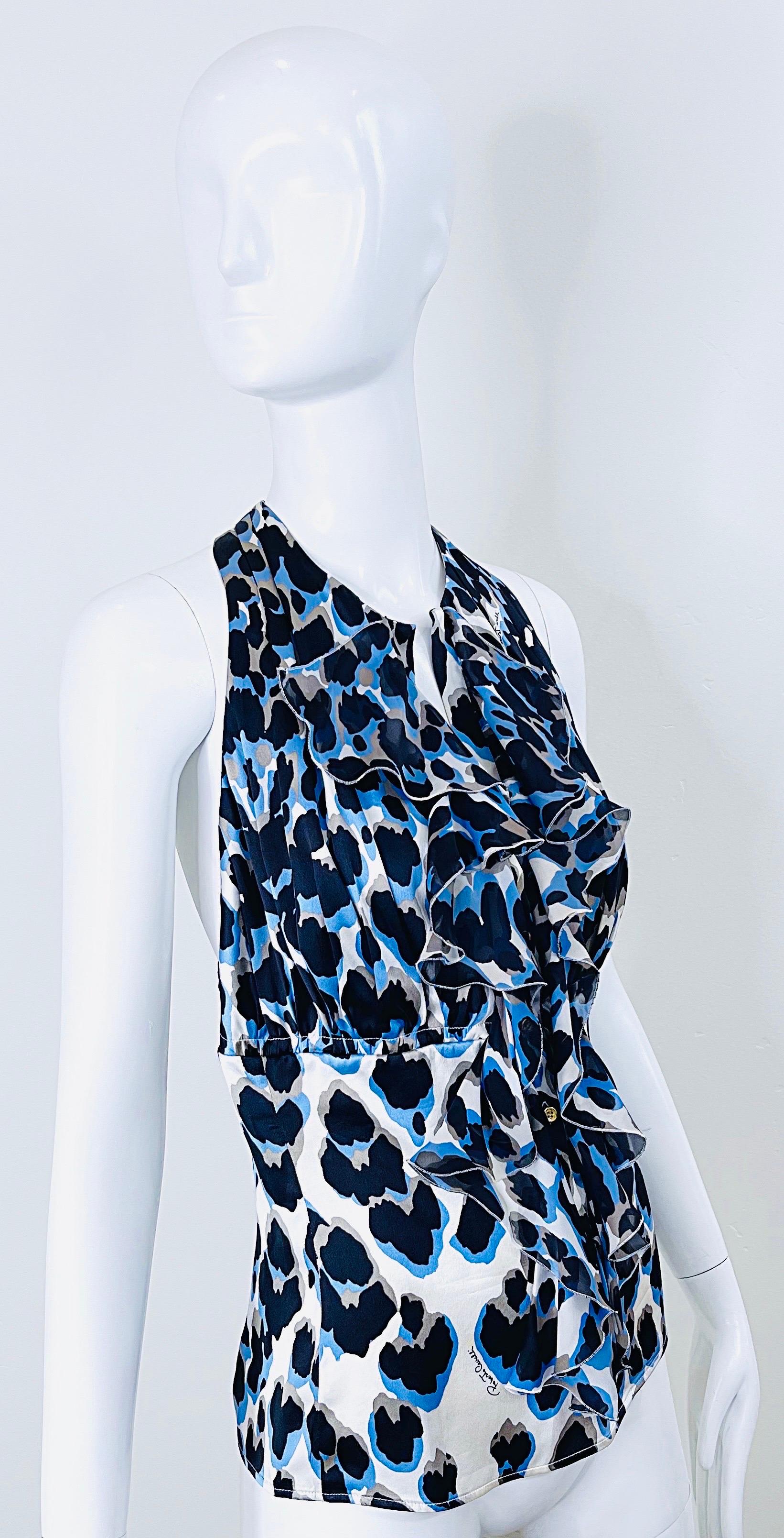 Roberto Cavalli 2000s Size 44 / US 8 Blue Leopard Silk Sleeveless Ruffle Blouse For Sale 8
