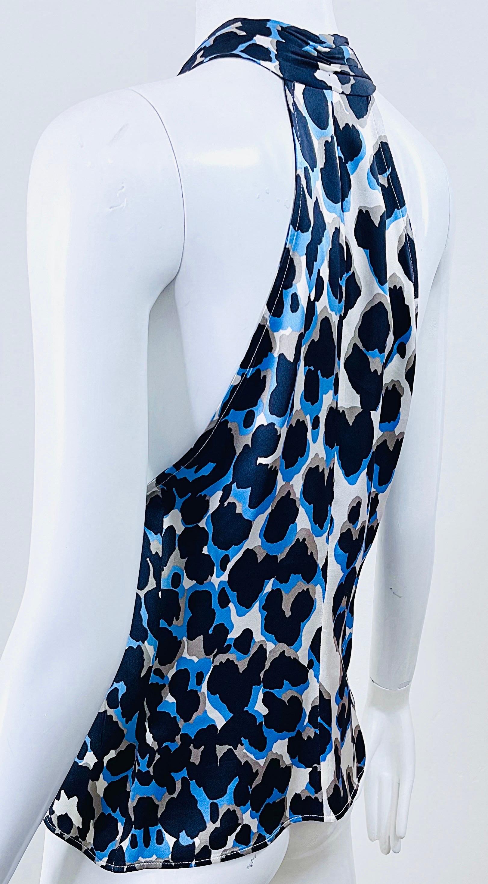 Roberto Cavalli 2000s Size 44 / US 8 Blue Leopard Silk Sleeveless Ruffle Blouse For Sale 9