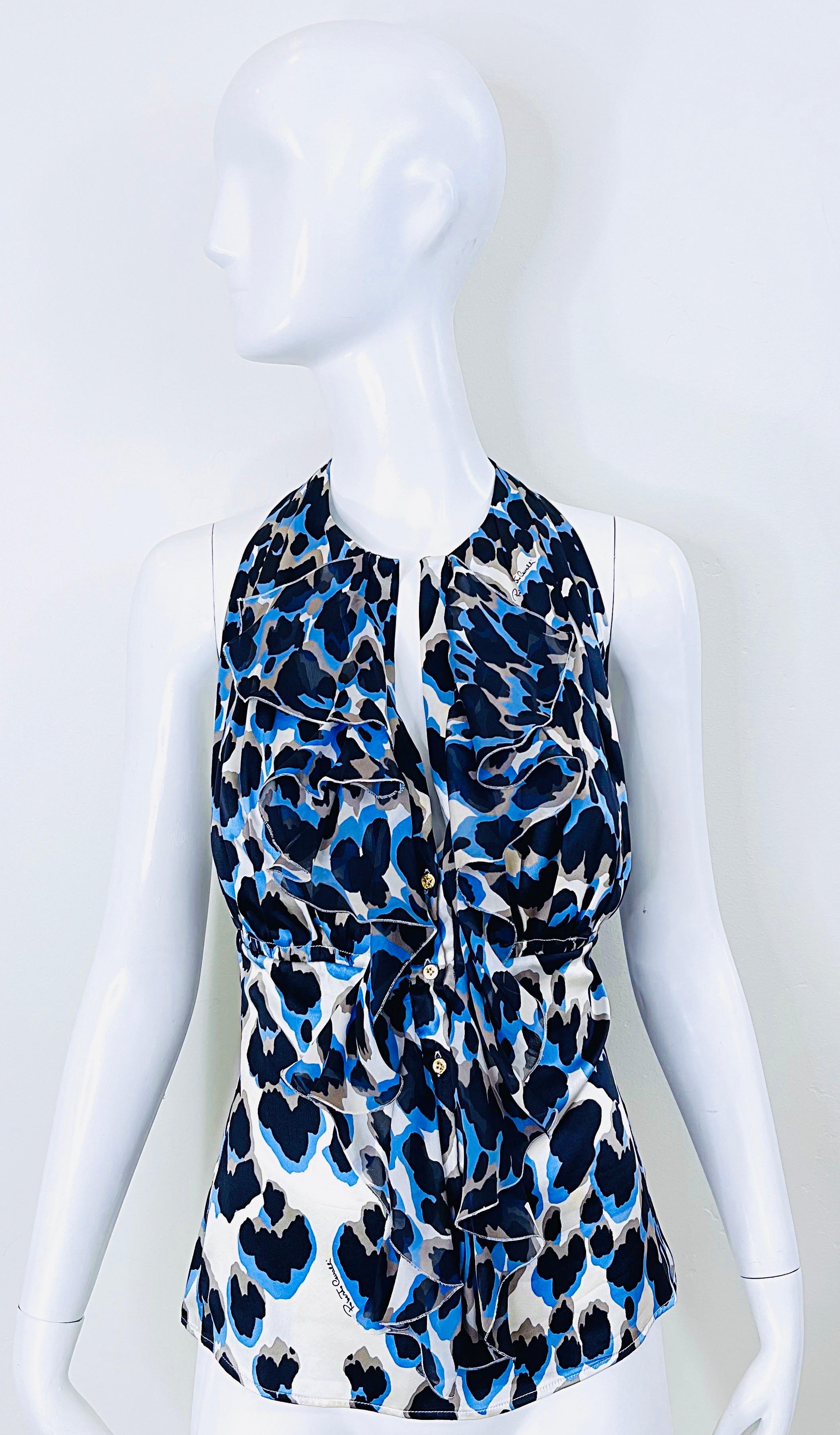 Roberto Cavalli 2000s Size 44 / US 8 Blue Leopard Silk Sleeveless Ruffle Blouse For Sale 10