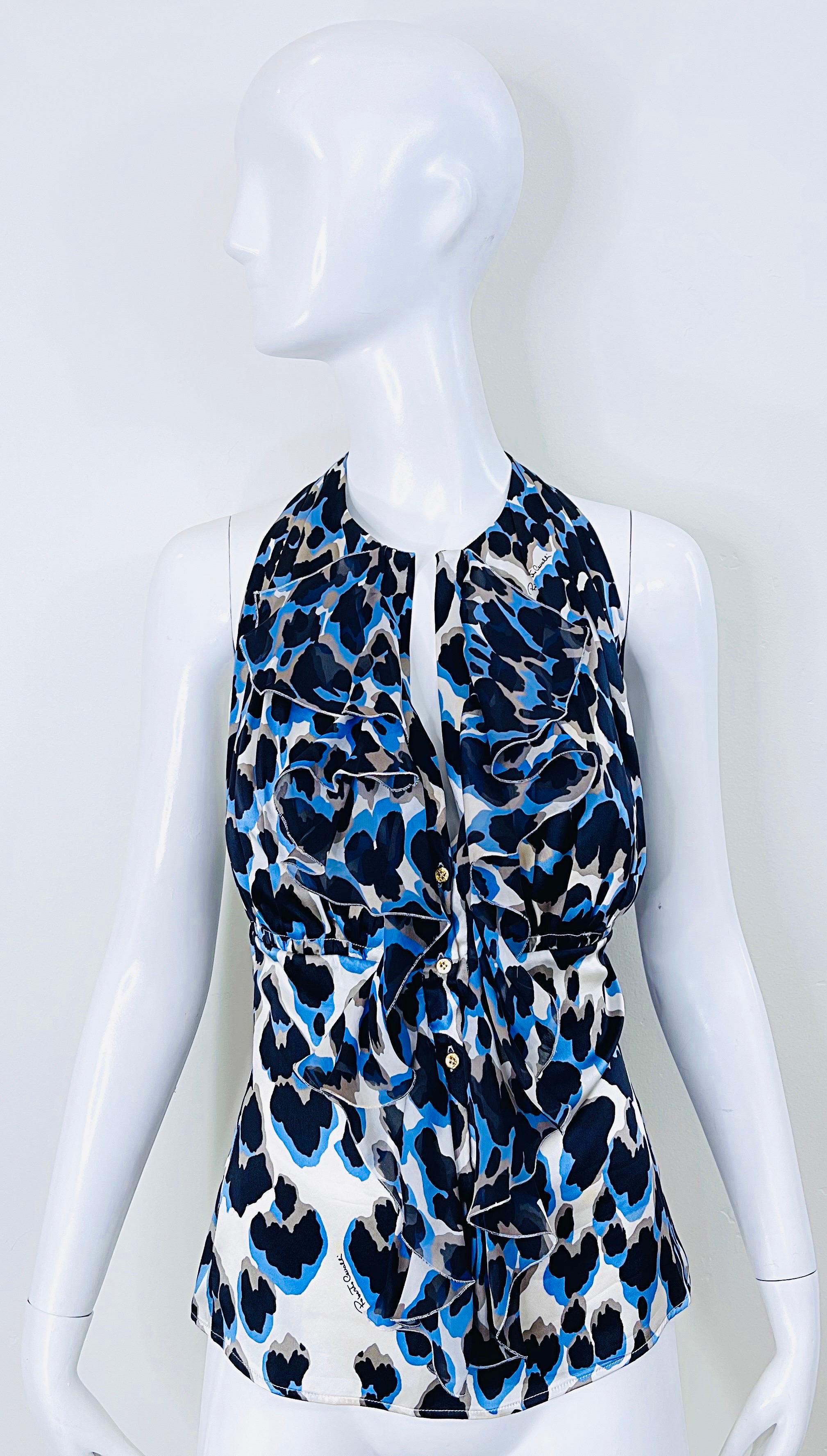 Black Roberto Cavalli 2000s Size 44 / US 8 Blue Leopard Silk Sleeveless Ruffle Blouse For Sale