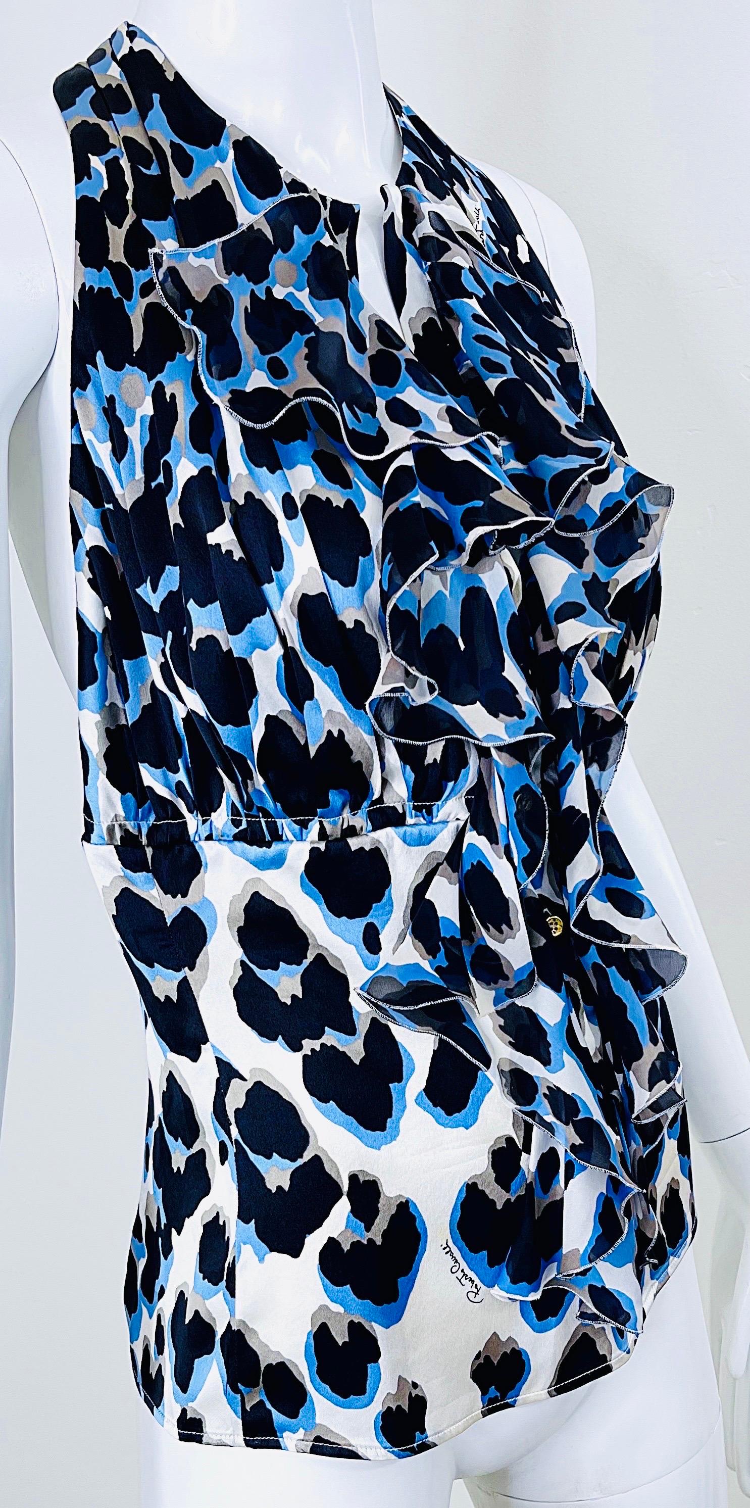 Roberto Cavalli 2000s Size 44 / US 8 Blue Leopard Silk Sleeveless Ruffle Blouse For Sale 1