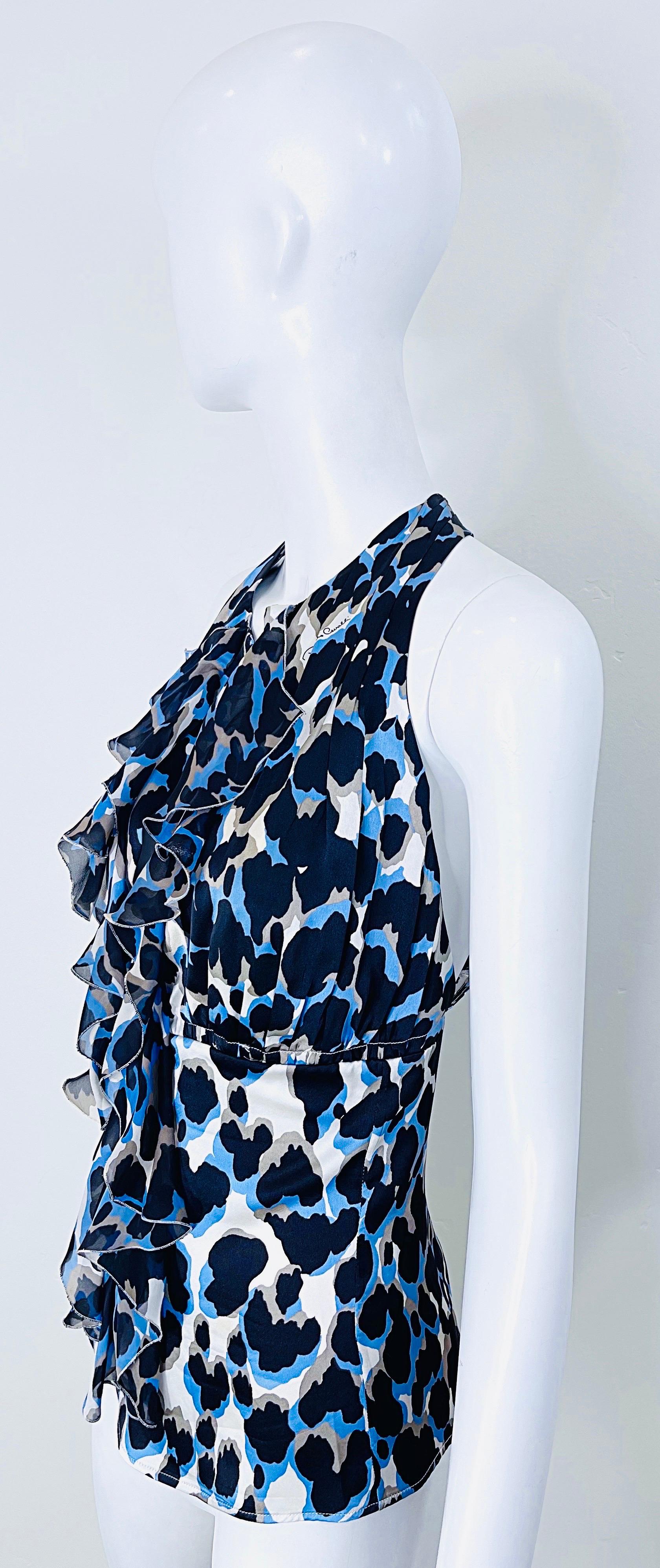 Roberto Cavalli 2000s Size 44 / US 8 Blue Leopard Silk Sleeveless Ruffle Blouse For Sale 2