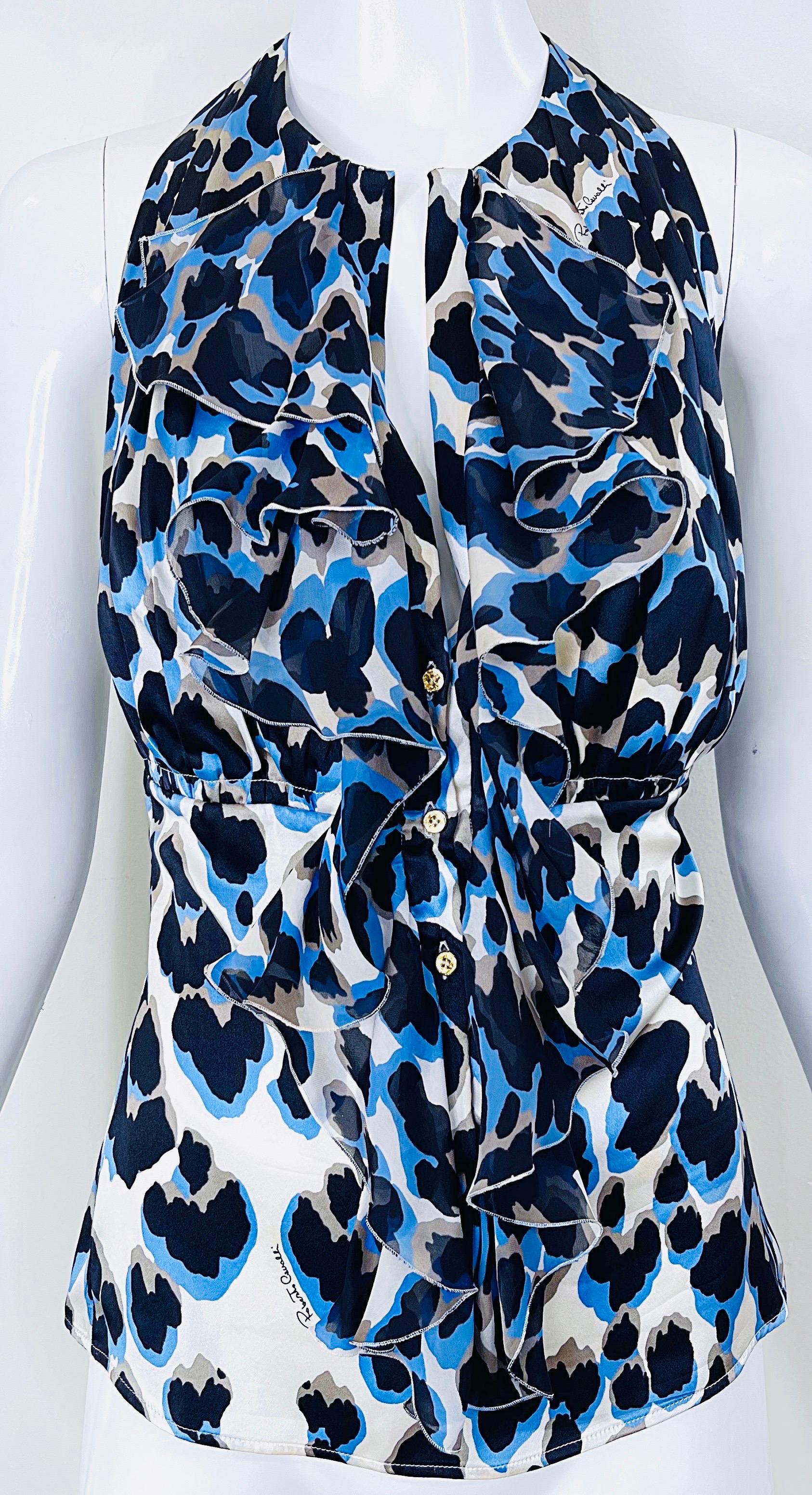 Roberto Cavalli 2000s Size 44 / US 8 Blue Leopard Silk Sleeveless Ruffle Blouse For Sale 4