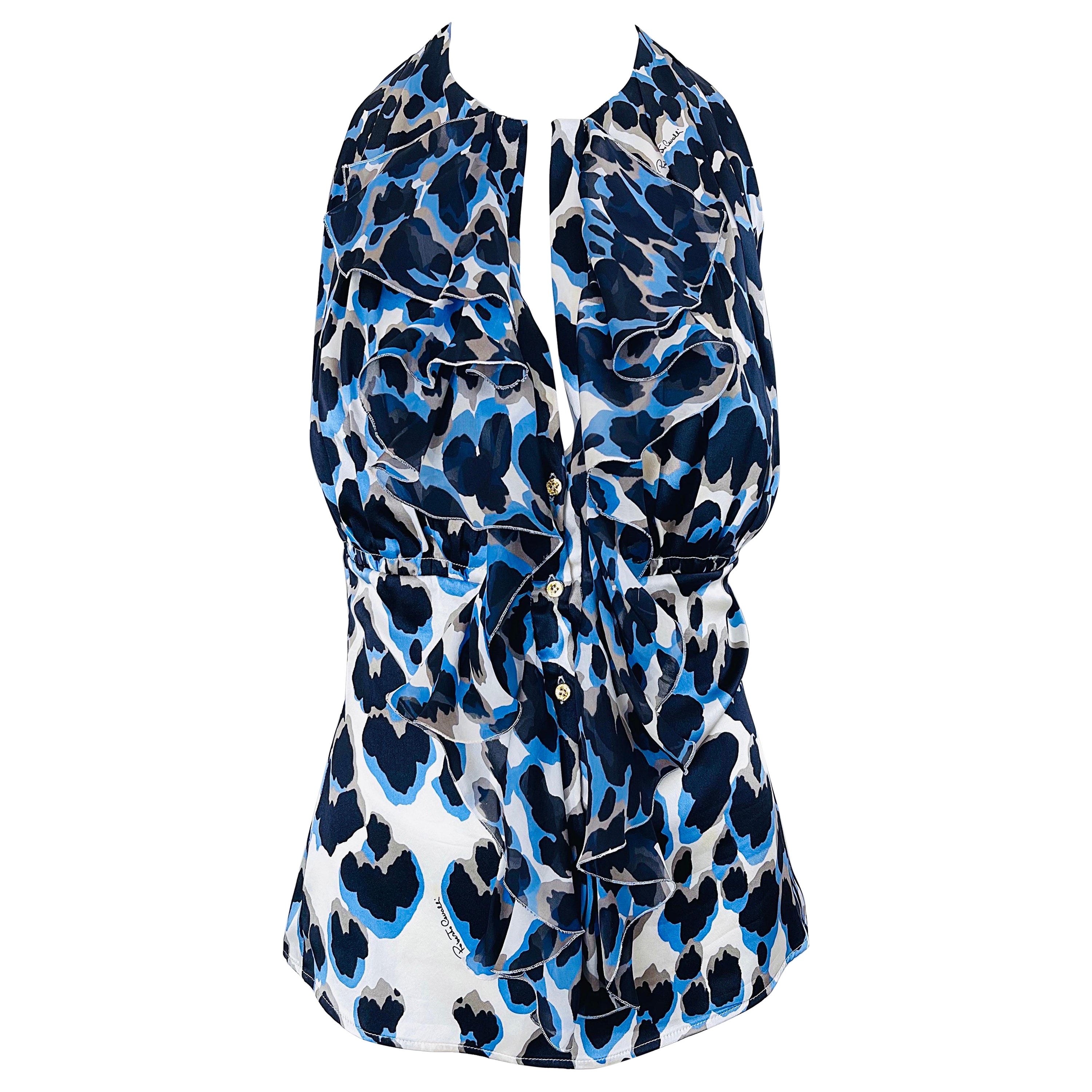 Roberto Cavalli 2000s Talla 44 / US 8 Blusa de seda de leopardo azul sin mangas y con volantes
