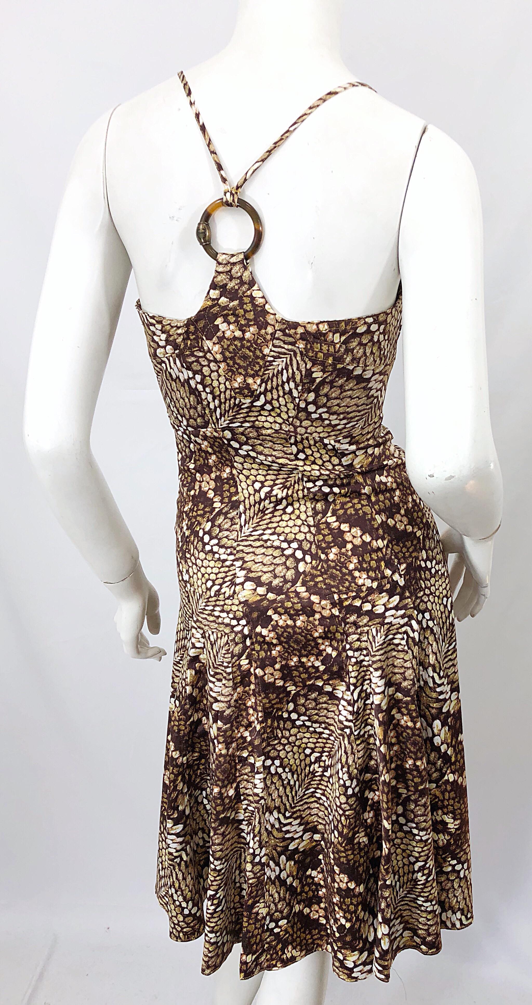 Roberto Cavalli 2000s Size 38 / 2 Snakeskin Animal Print Silk Brown Flirty Dress 6