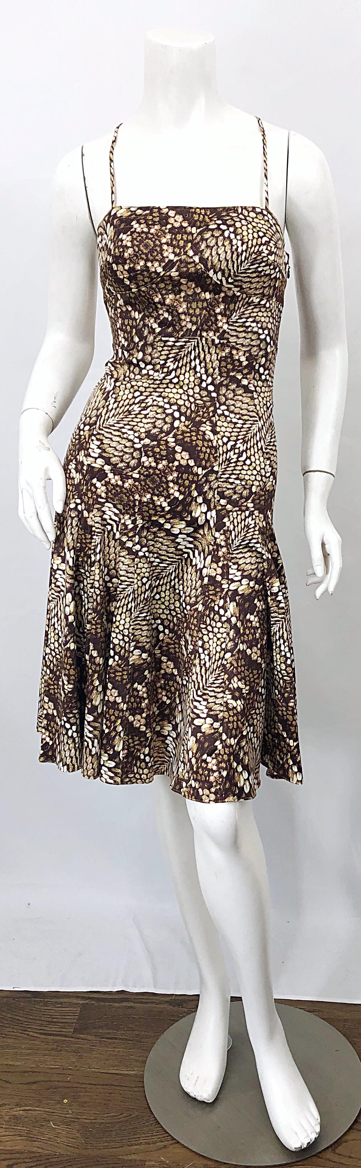 Roberto Cavalli 2000s Size 38 / 2 Snakeskin Animal Print Silk Brown Flirty Dress 7