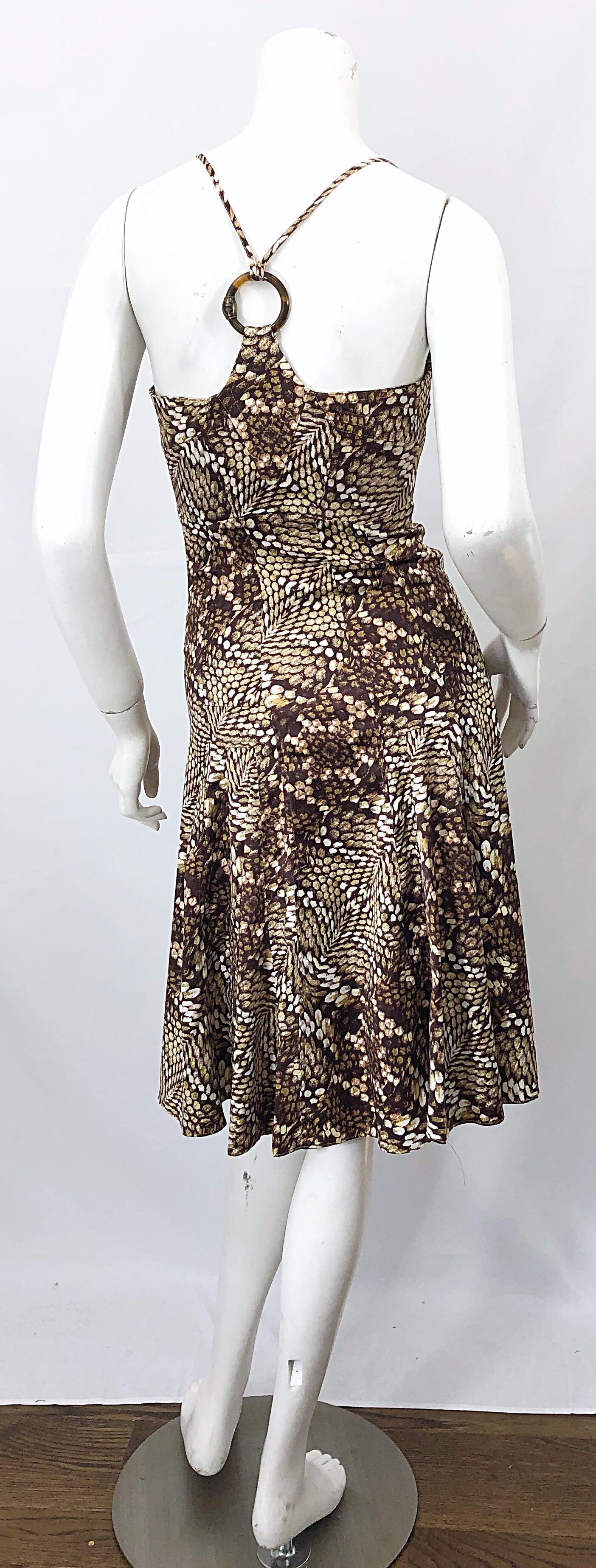 Black Roberto Cavalli 2000s Size 38 / 2 Snakeskin Animal Print Silk Brown Flirty Dress