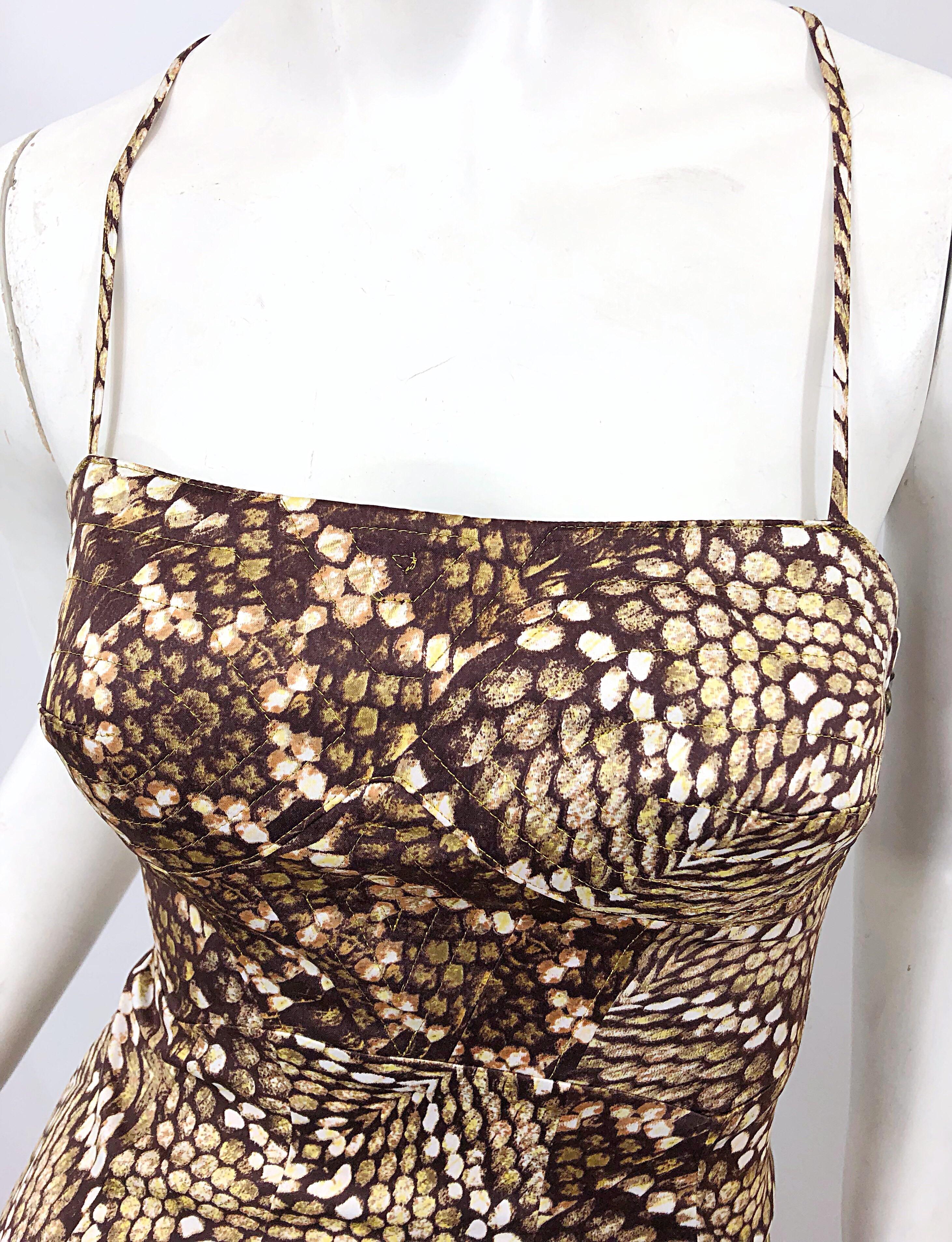 Roberto Cavalli 2000s Size 38 / 2 Snakeskin Animal Print Silk Brown Flirty Dress In Excellent Condition In San Diego, CA