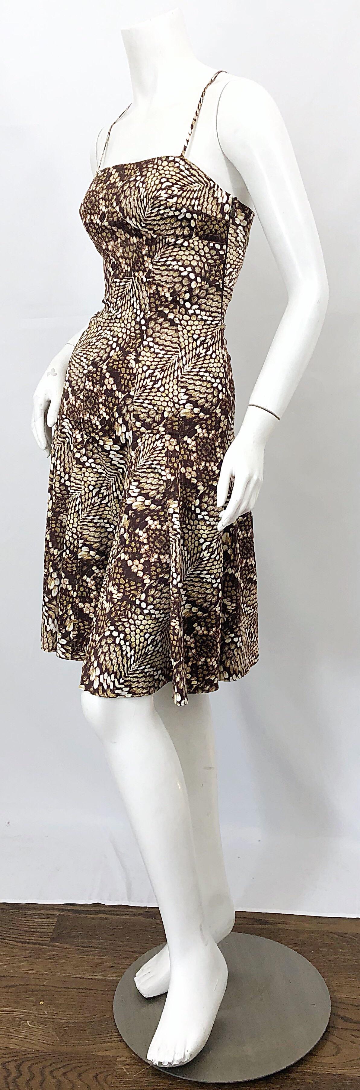 Roberto Cavalli 2000s Size 38 / 2 Snakeskin Animal Print Silk Brown Flirty Dress 1