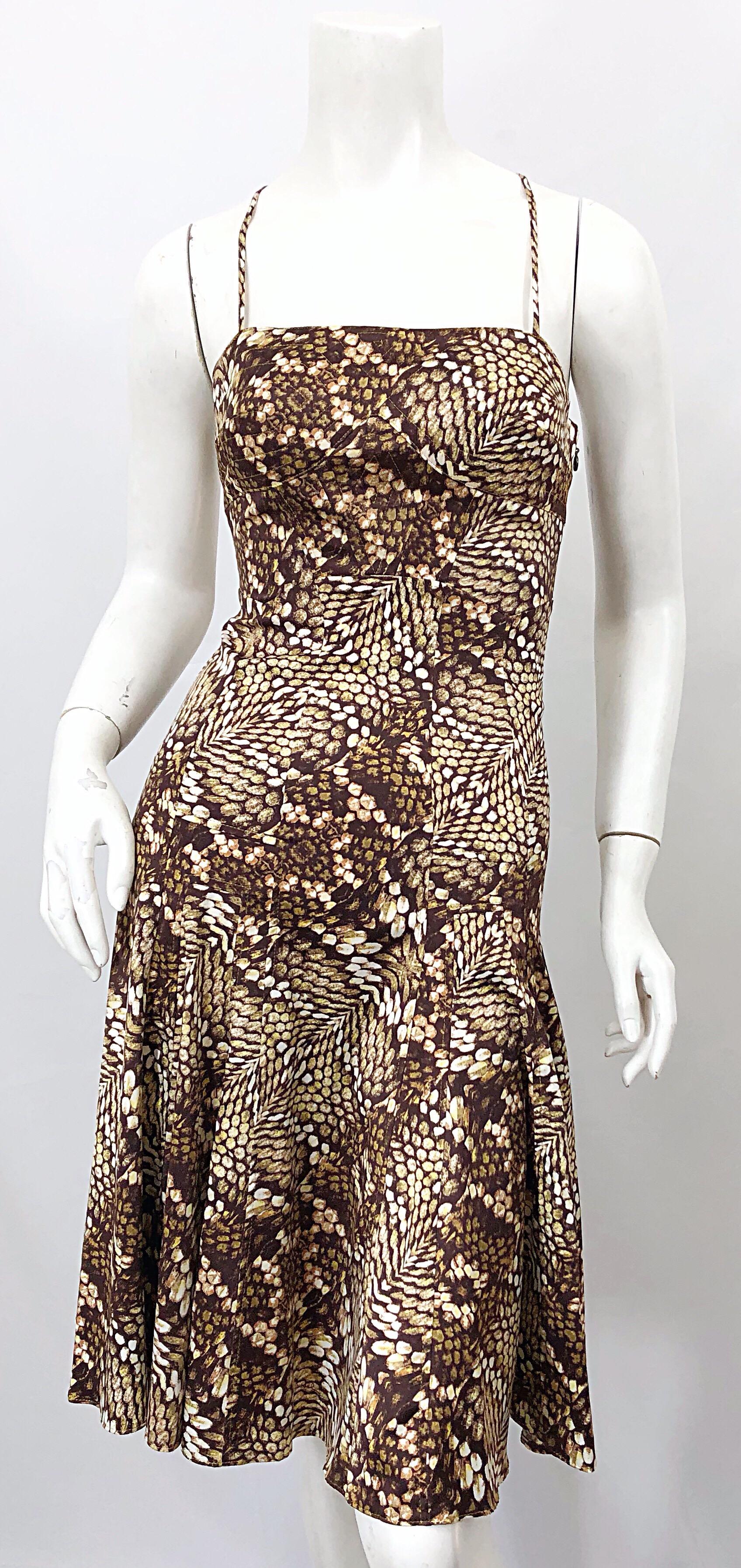 Roberto Cavalli 2000s Size 38 / 2 Snakeskin Animal Print Silk Brown Flirty Dress 2