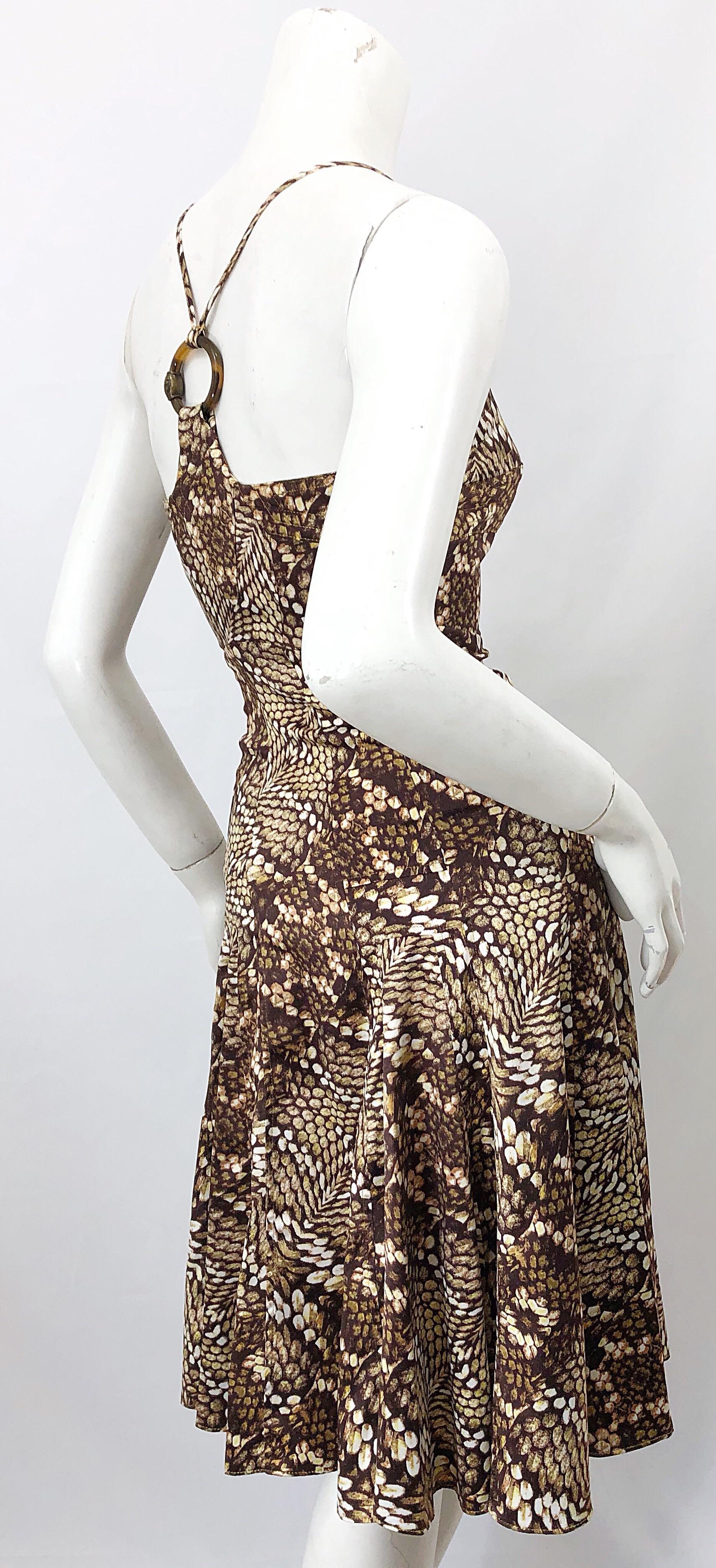 Roberto Cavalli 2000s Size 38 / 2 Snakeskin Animal Print Silk Brown Flirty Dress 3