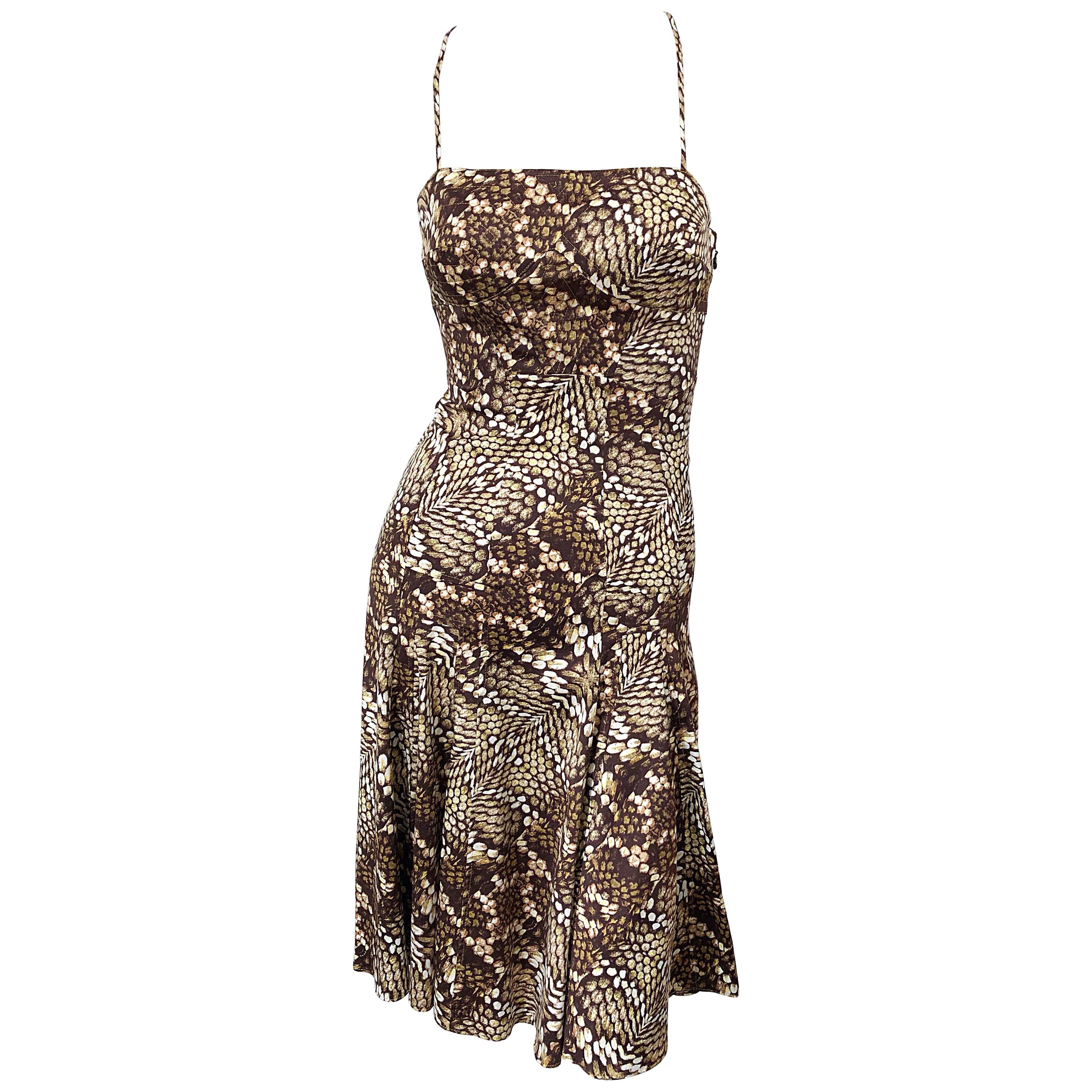 Roberto Cavalli 2000s Size 38 / 2 Snakeskin Animal Print Silk Brown Flirty Dress