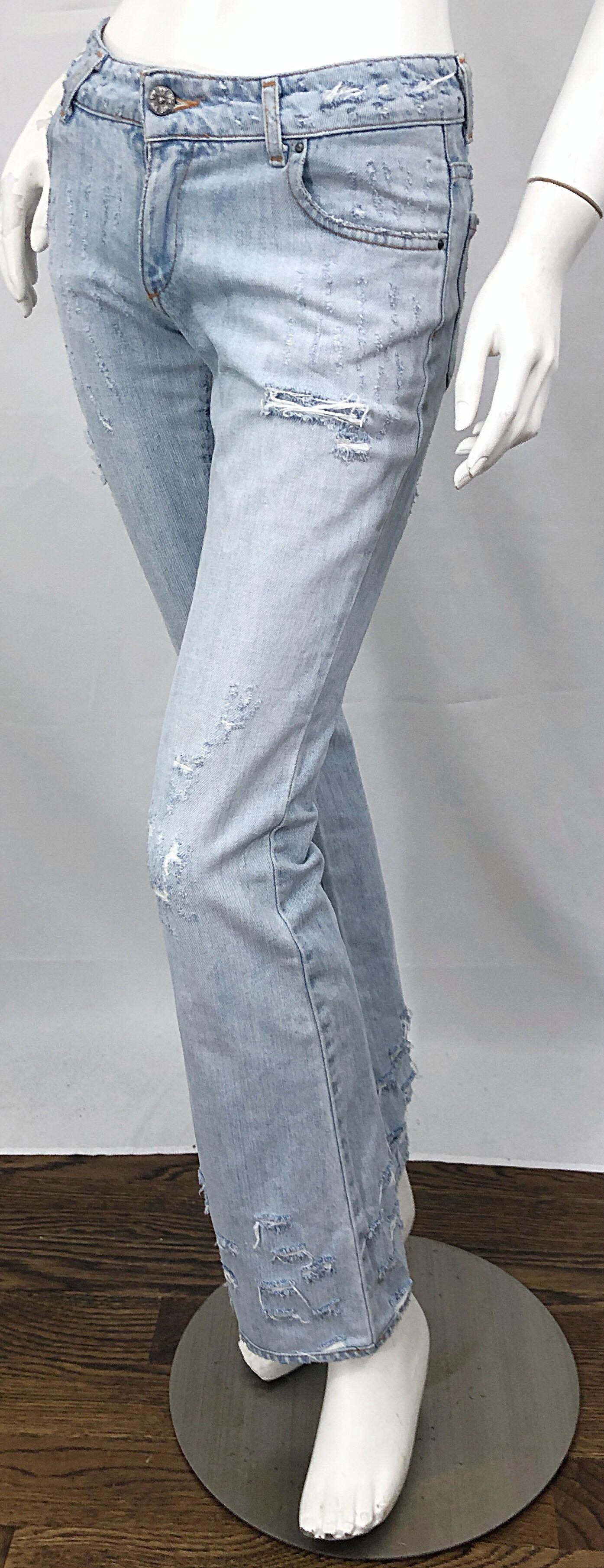 Roberto Cavalli 2000s Sz 24 Rhinestone Skulls Stonewash Bootcut Blue Jeans Denim For Sale 2