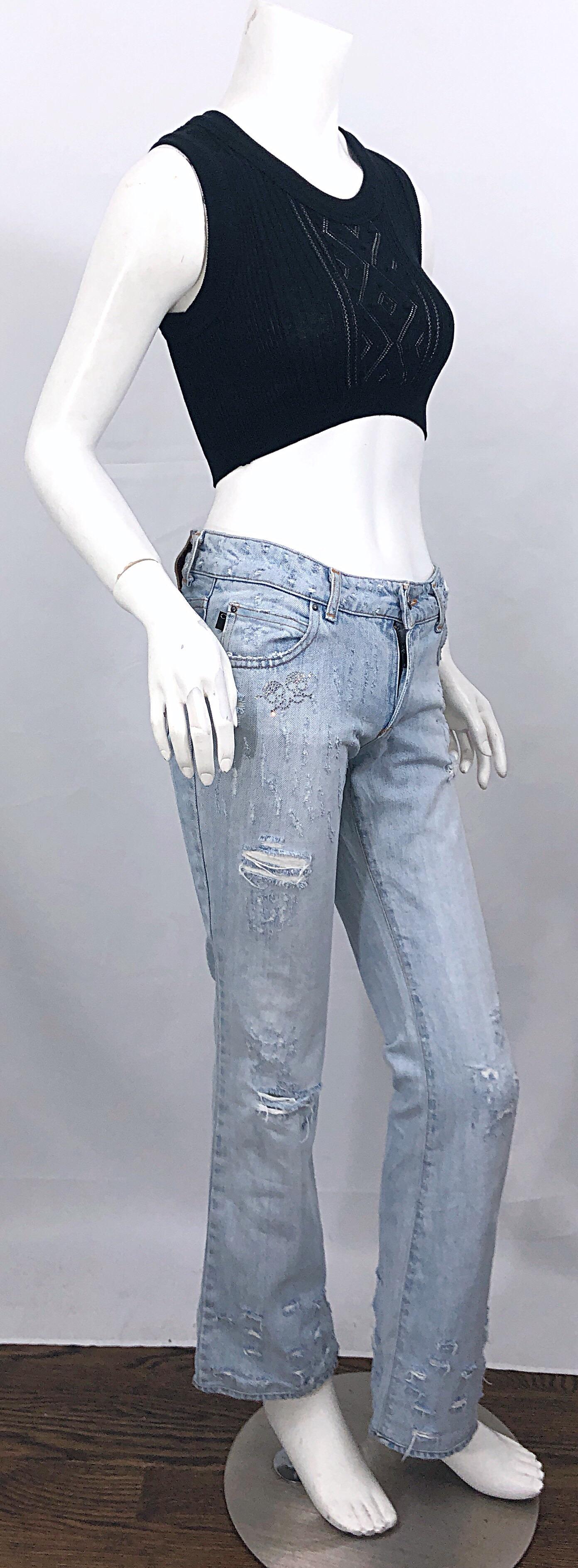 Roberto Cavalli 2000s Sz 24 Rhinestone Skulls Stonewash Bootcut Blue Jeans Denim For Sale 3