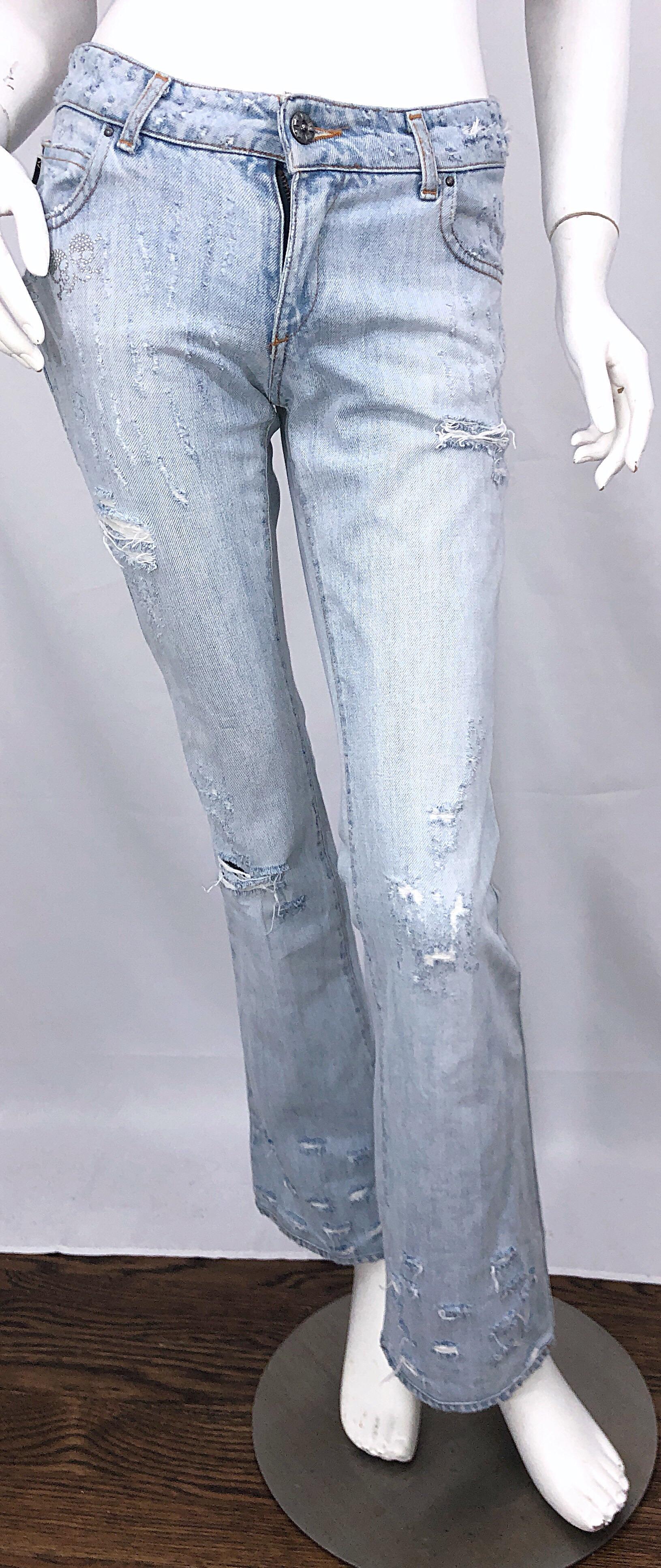 Roberto Cavalli 2000s Sz 24 Rhinestone Skulls Stonewash Bootcut Blue Jeans Denim For Sale 6