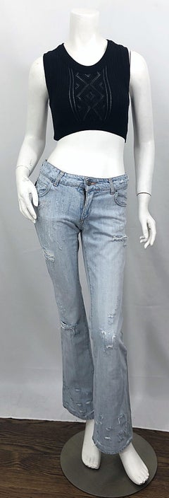 Roberto Cavalli 2000s Sz 24 Rhinestone Skulls Stonewash Bootcut Blue Jeans Denim