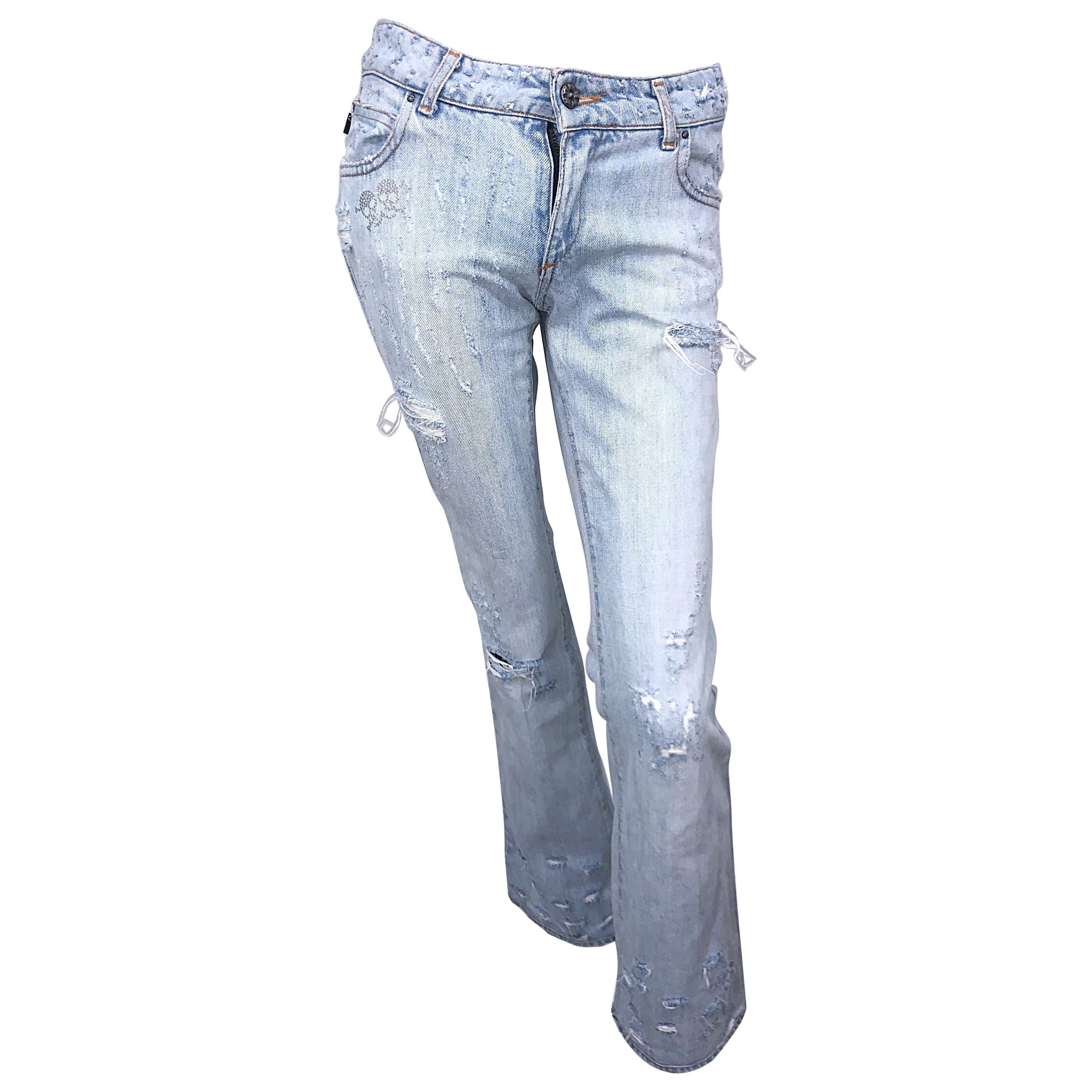 Roberto Cavalli 2000s Sz 24 Strass Skulls Stonewash Bootcut Blu Jeans Denim in vendita