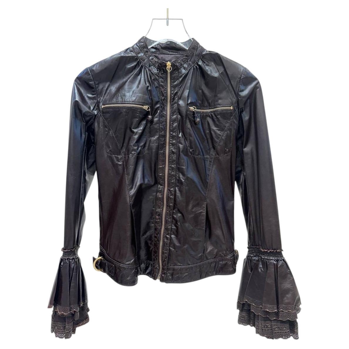 Roberto Cavalli 2000s Vintage Leather Jacket IT 38 with Tiered Sleeves For Sale