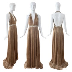 ROBERTO CAVALLI 2000's Vintage Taupe Plissé Grecian Embellished Evening Gown