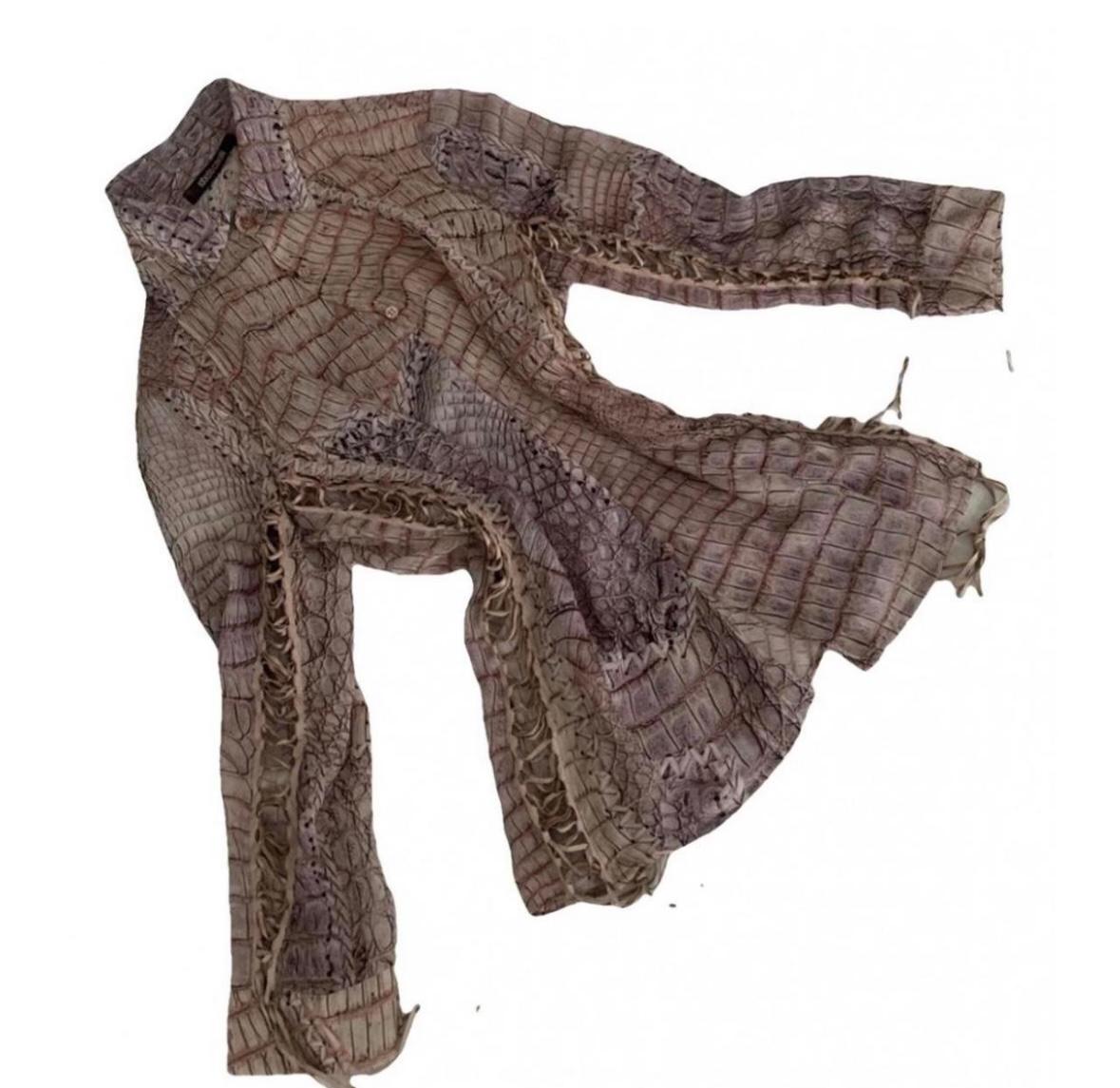 Roberto Cavalli 2001 leather lace silk croc blouse In Good Condition In Annandale, VA