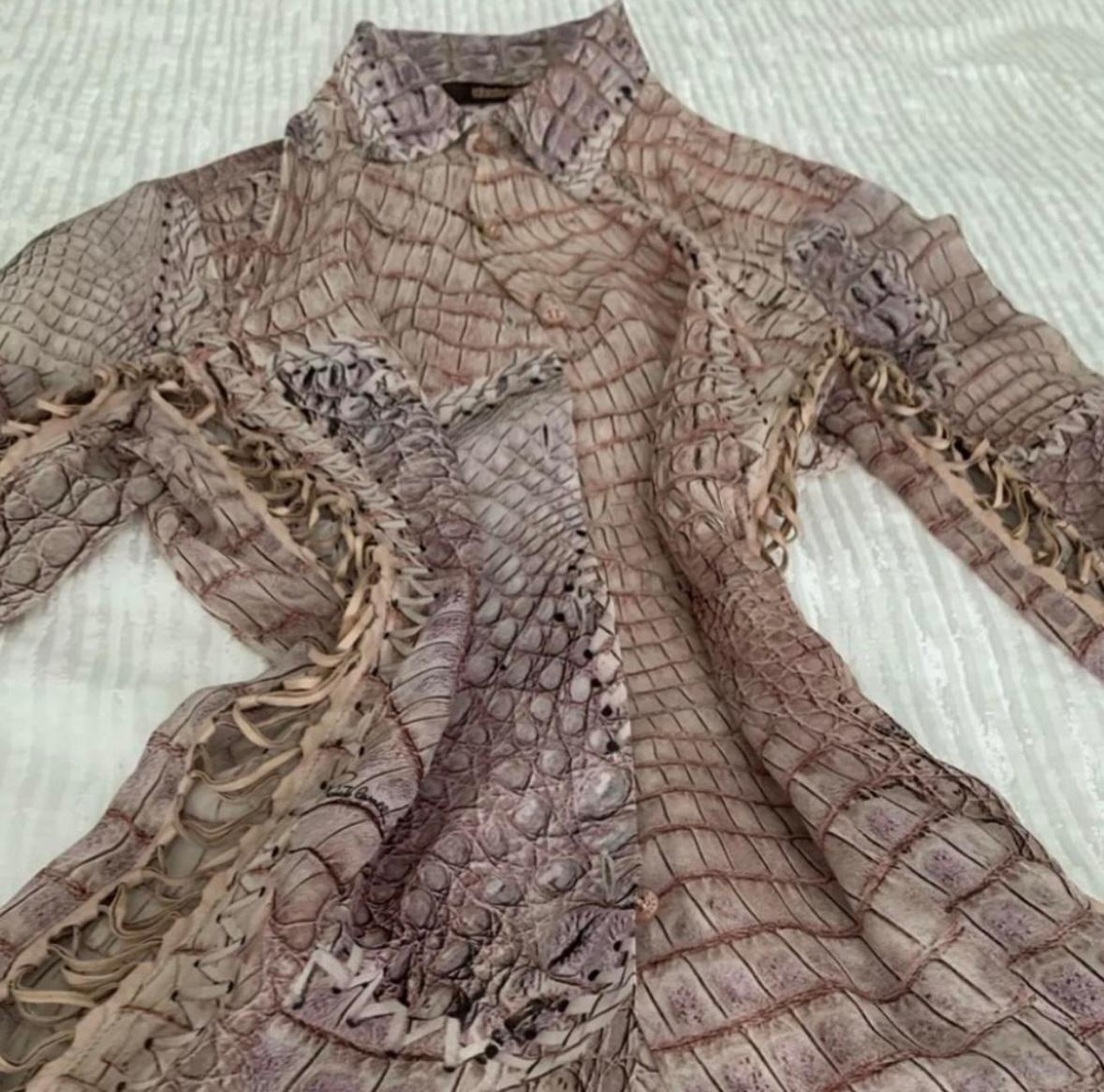 Women's Roberto Cavalli 2001 leather lace silk croc blouse