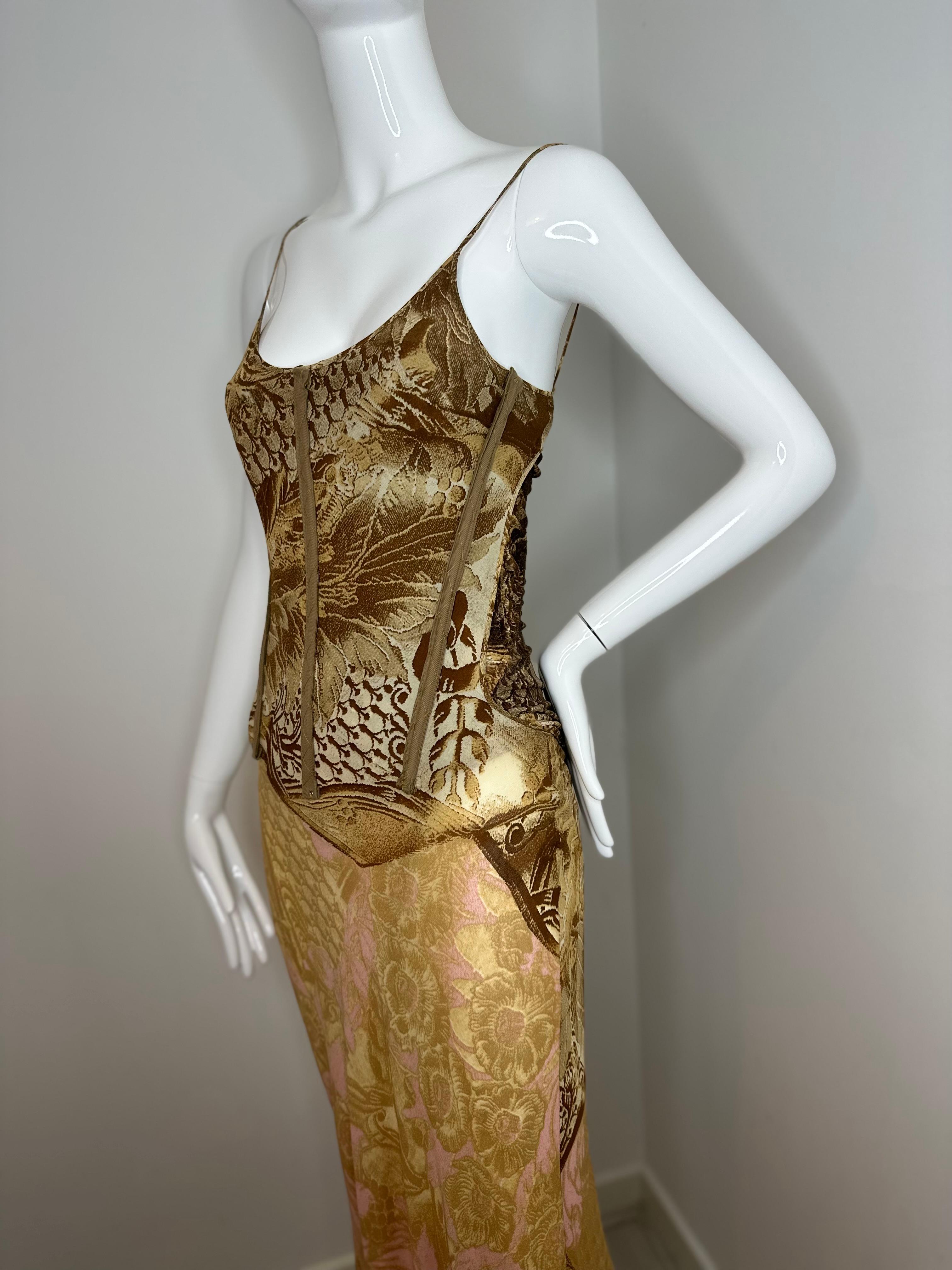 Roberto Cavalli 2001 runway maxi dress
Integrated corset with a zipper in the back 
Look 8

Size S

Small hook in the back giving you an option to wear with or without the train
Good vintage condition, no material label
