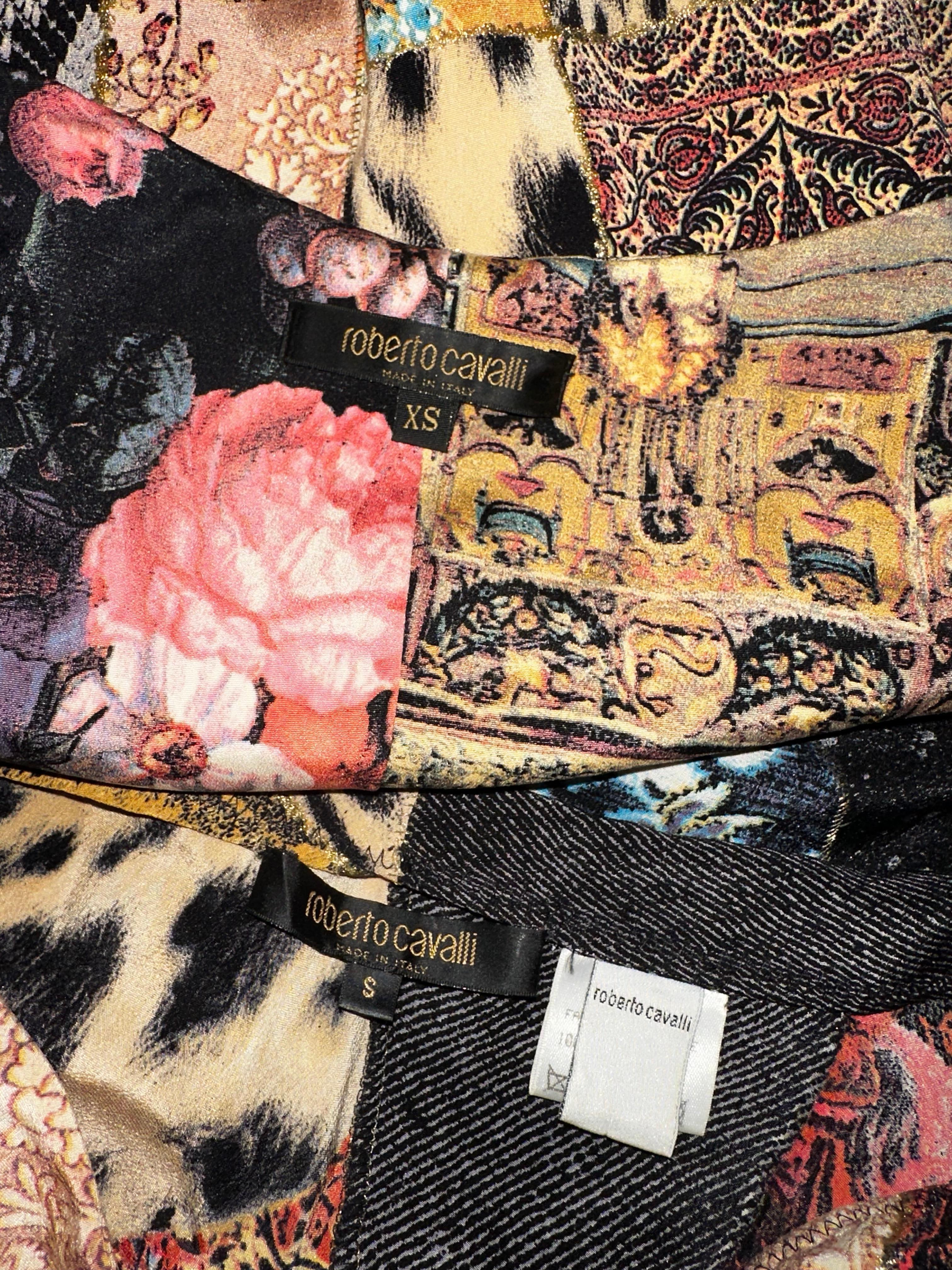 Roberto Cavalli 2002 patchwork print silk mini skirt and top set
Top is size XS and skirt is S. I’m a regular size S and the top fits me well. It has a little bit of stretch to it 
Good vintage condition with normal signs of wear and age