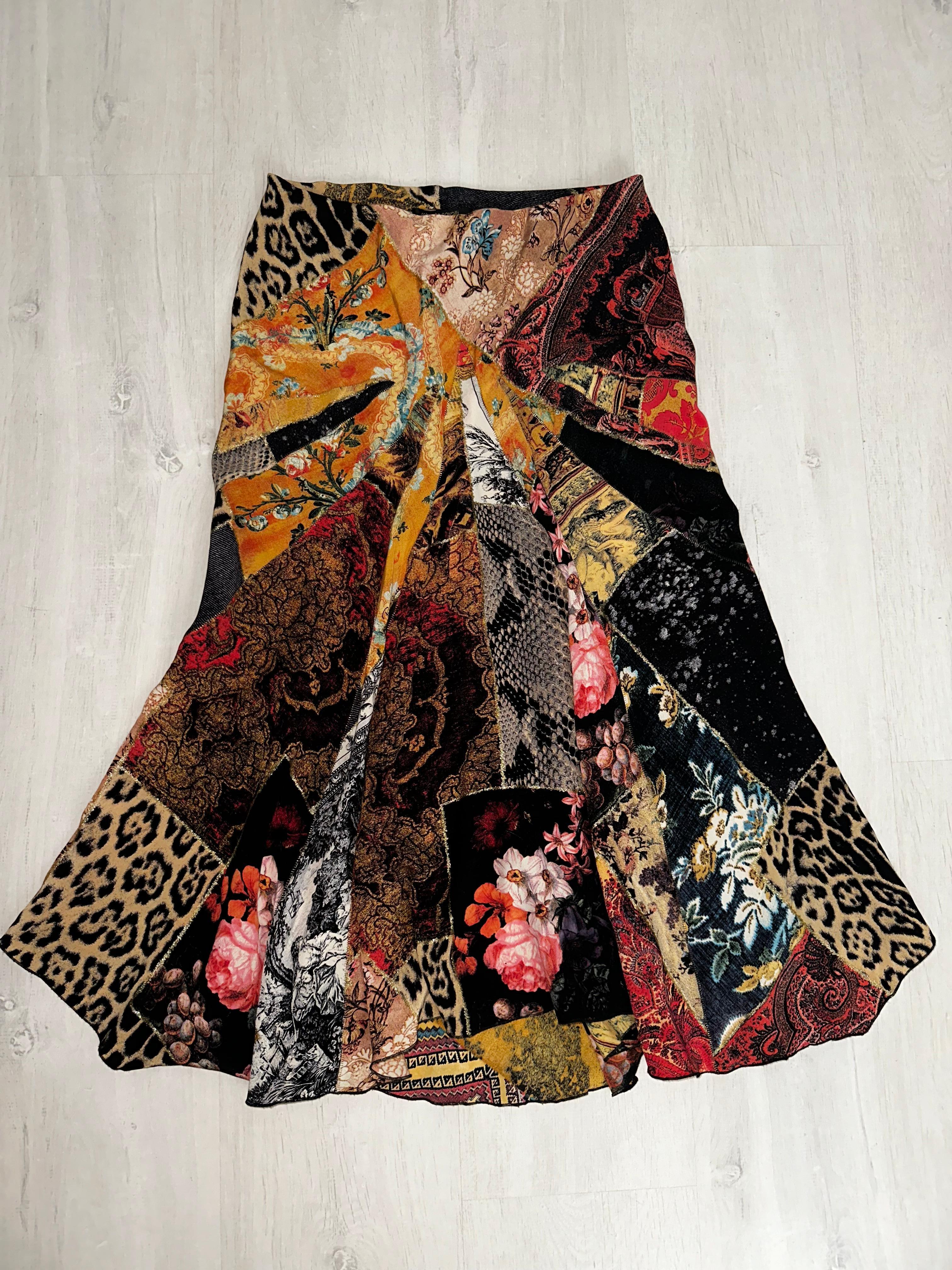 Roberto Cavalli 2002 patchwork print midi skirt and top set In Good Condition For Sale In North Miami, FL