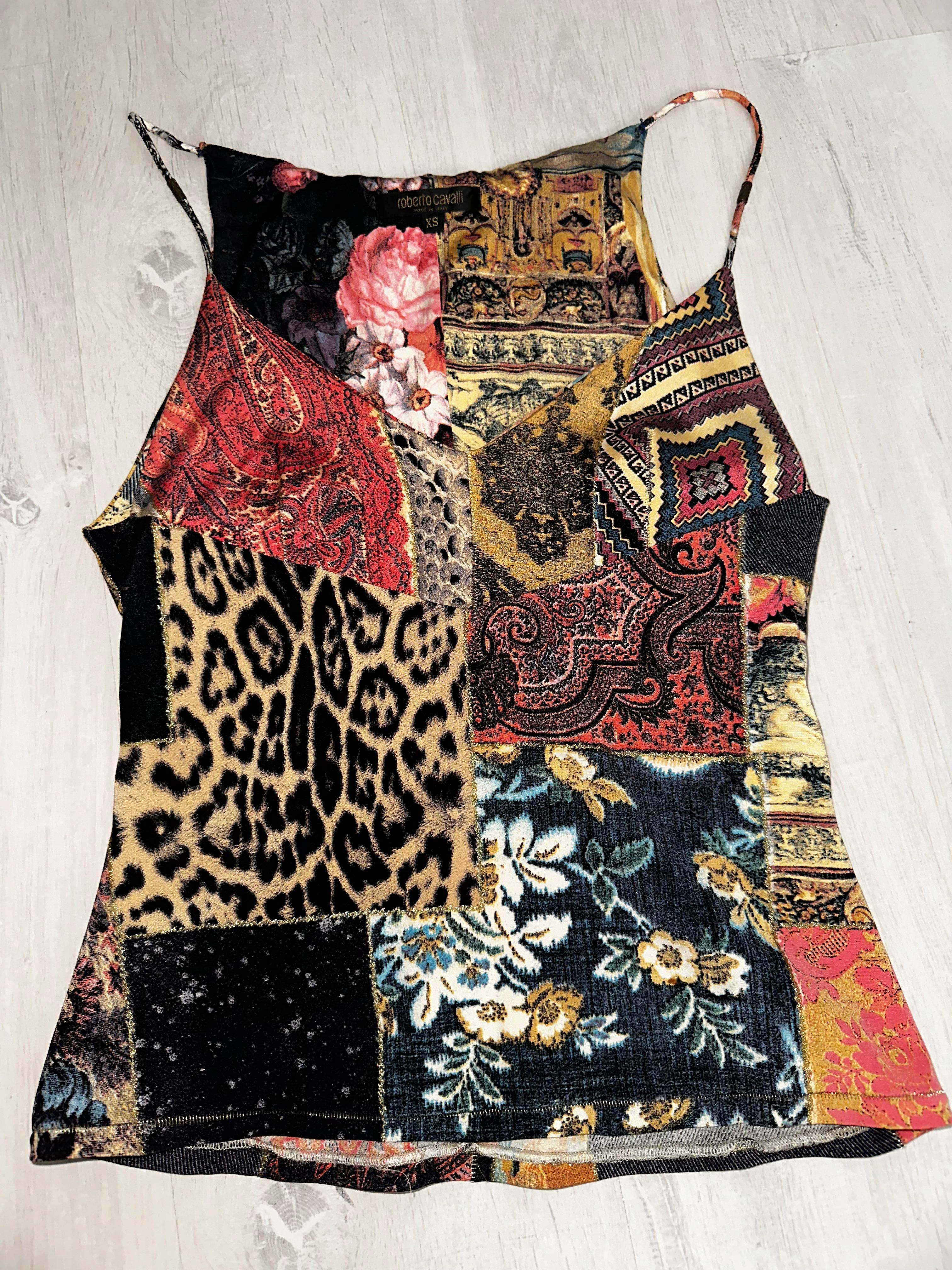 Women's Roberto Cavalli 2002 patchwork print midi skirt and top set For Sale