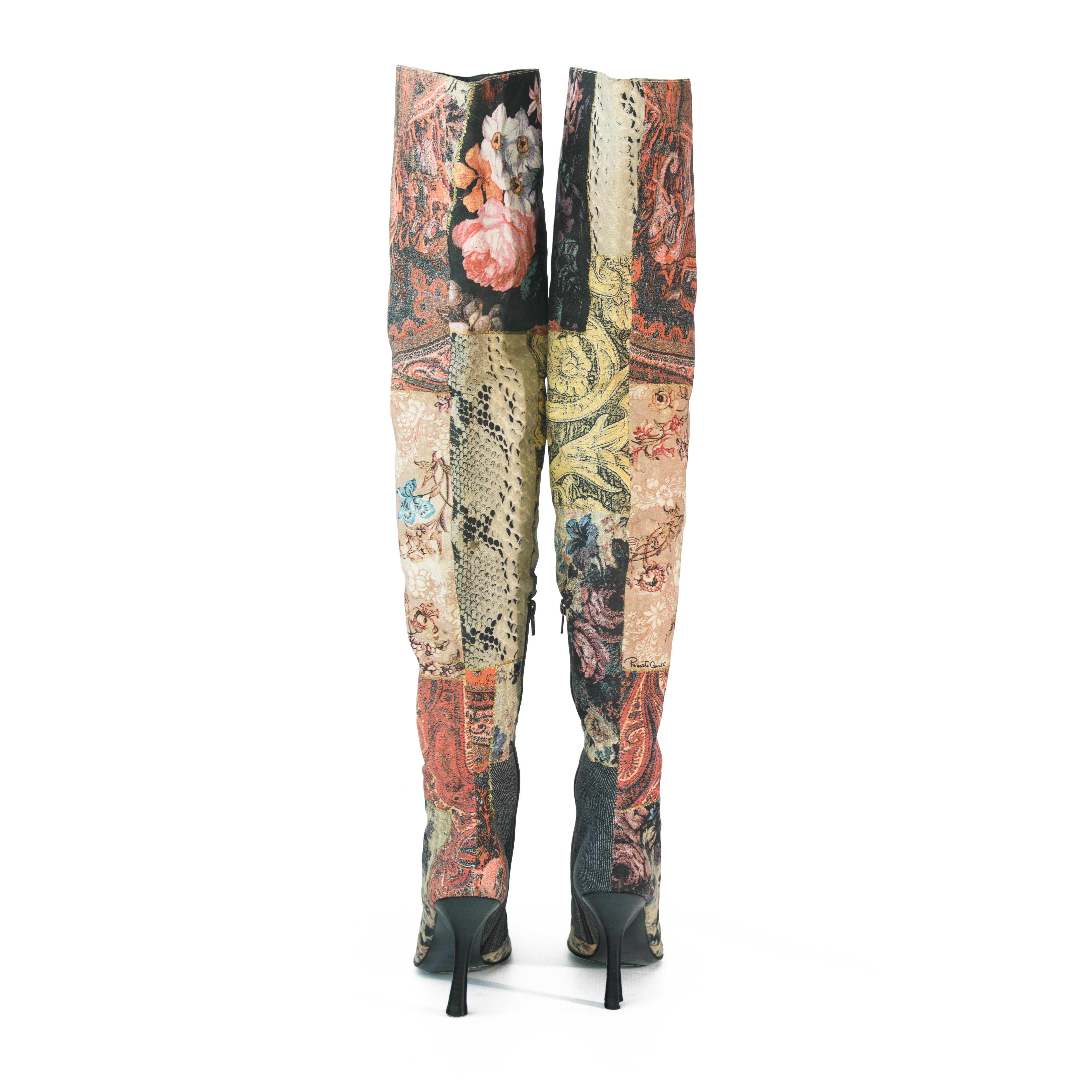 Roberto Cavalli 2002 Stivali alti alla coscia patchwork misura 38,5 in vendita 2