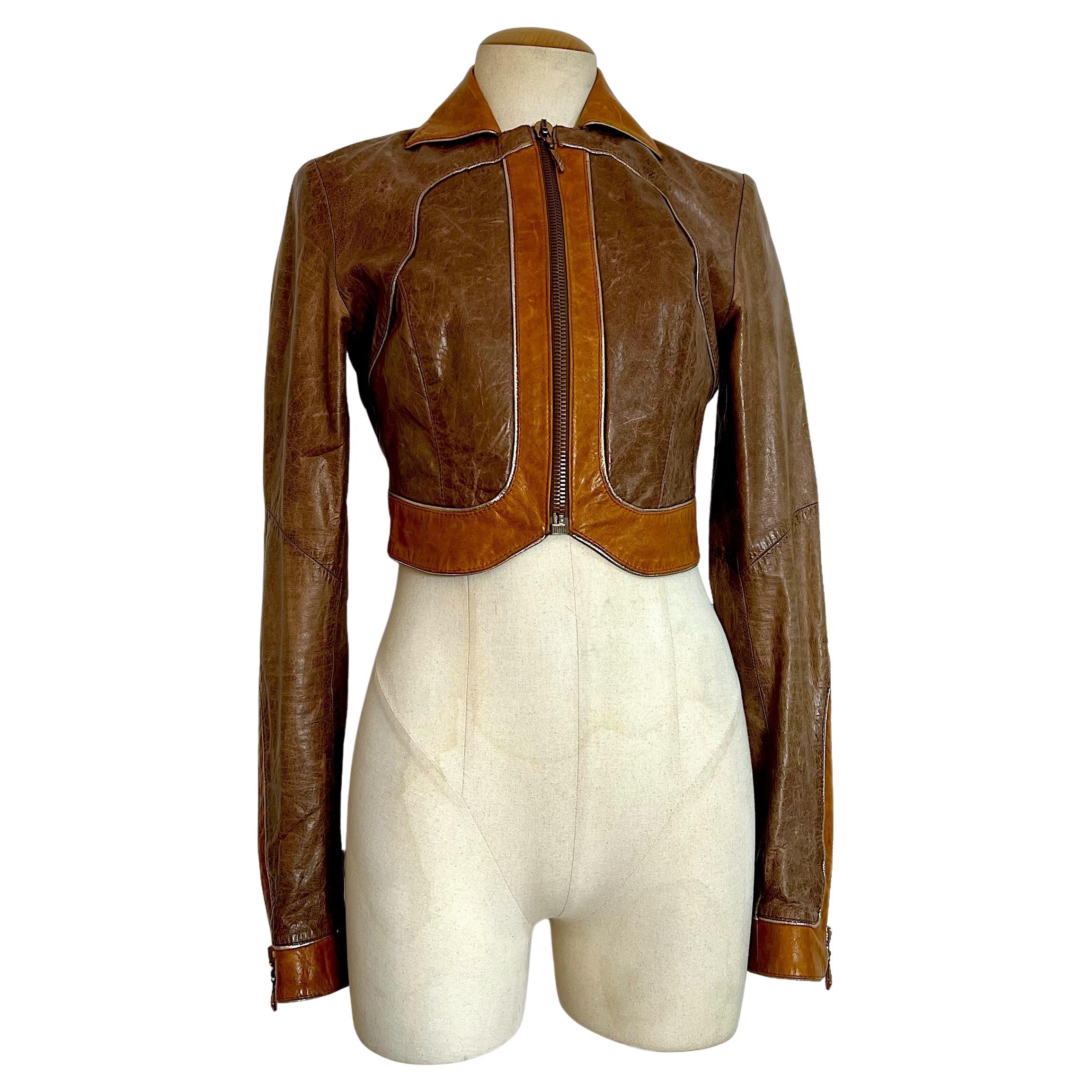 Roberto Cavalli 2002 runway cropped leather jacket (veste en cuir coupée)  en vente