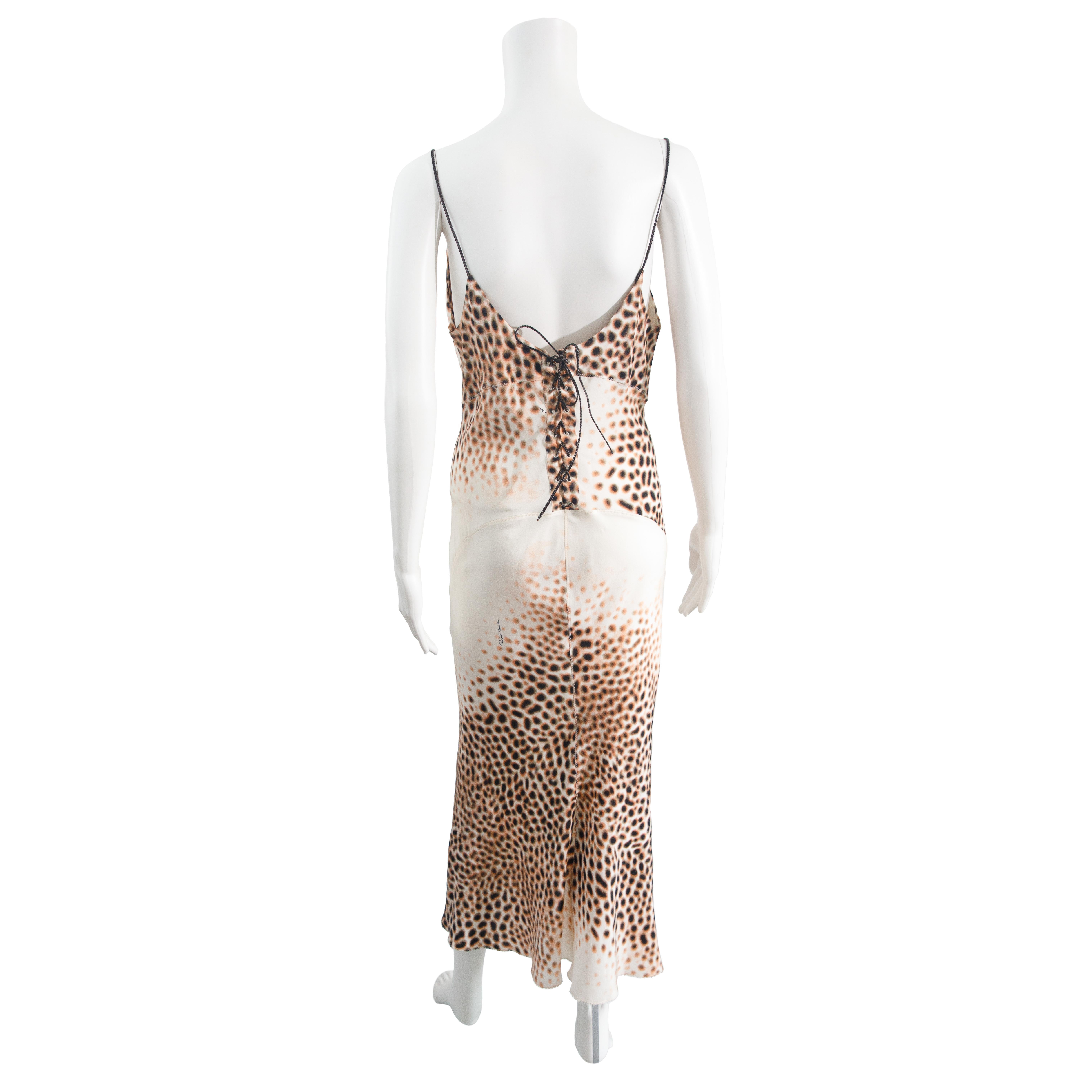 Beige Roberto Cavalli 2002 Silk Print Bias Cut Dress size L en vente