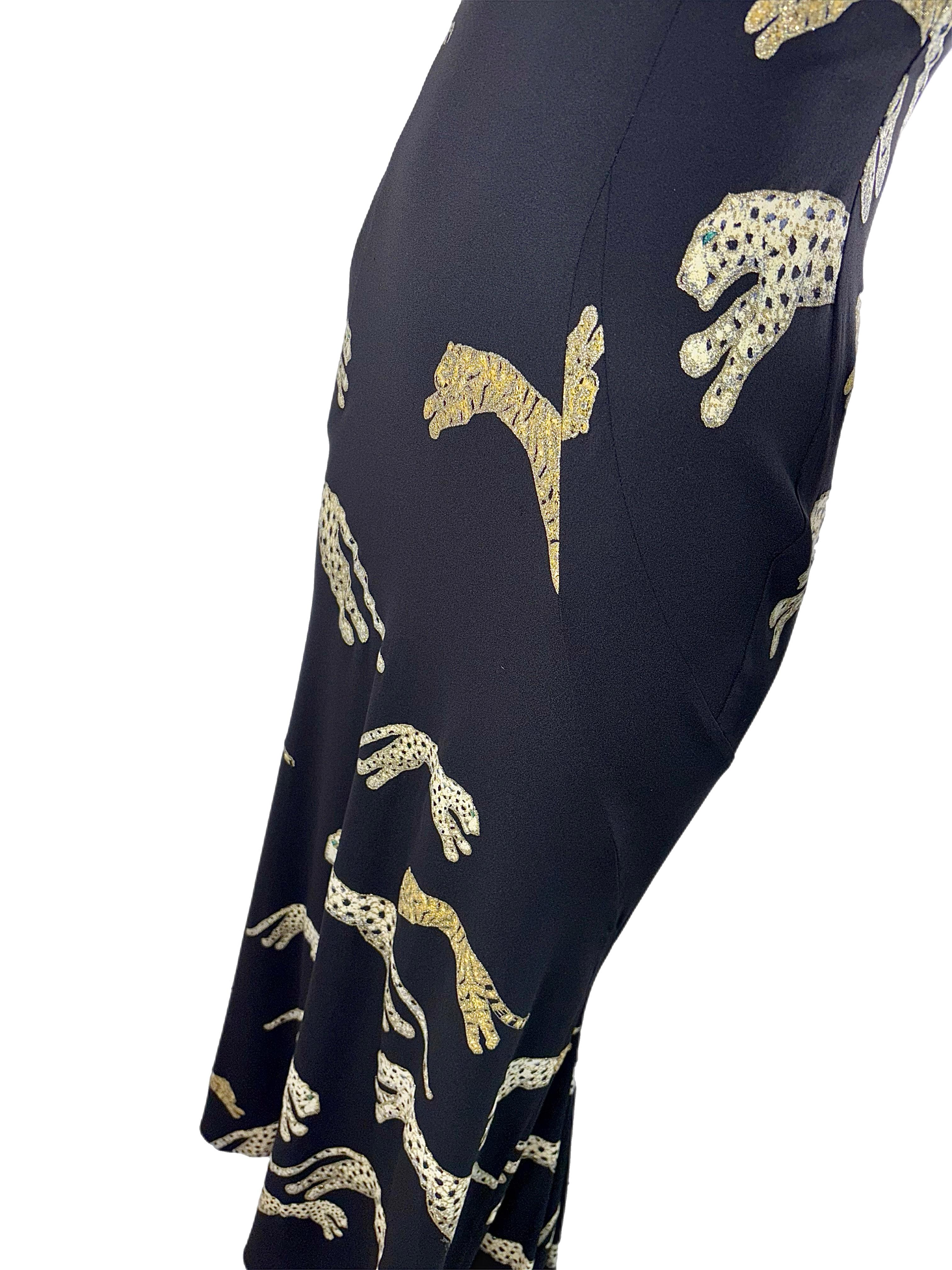 ROBERTO CAVALLI 2002 Vestido de noche vintage de seda negra y leopardo Negro en venta