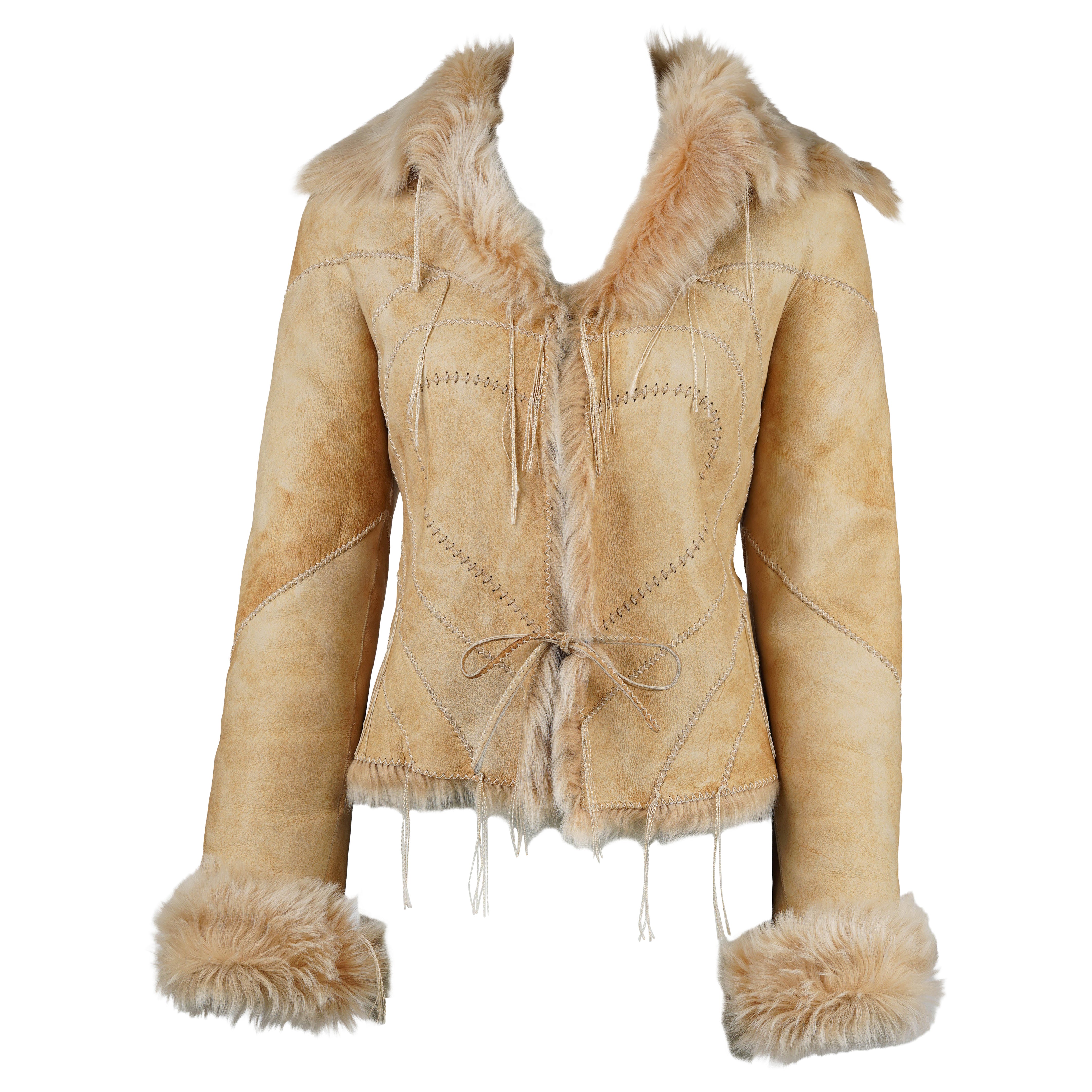 Roberto Cavalli 2003 Beige Heart Shearling Leather Jacket with Fur Trim Size S