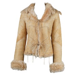 Roberto Cavalli 2003 Beige Heart Shearling Leather Jacket with Fur Trim Size S