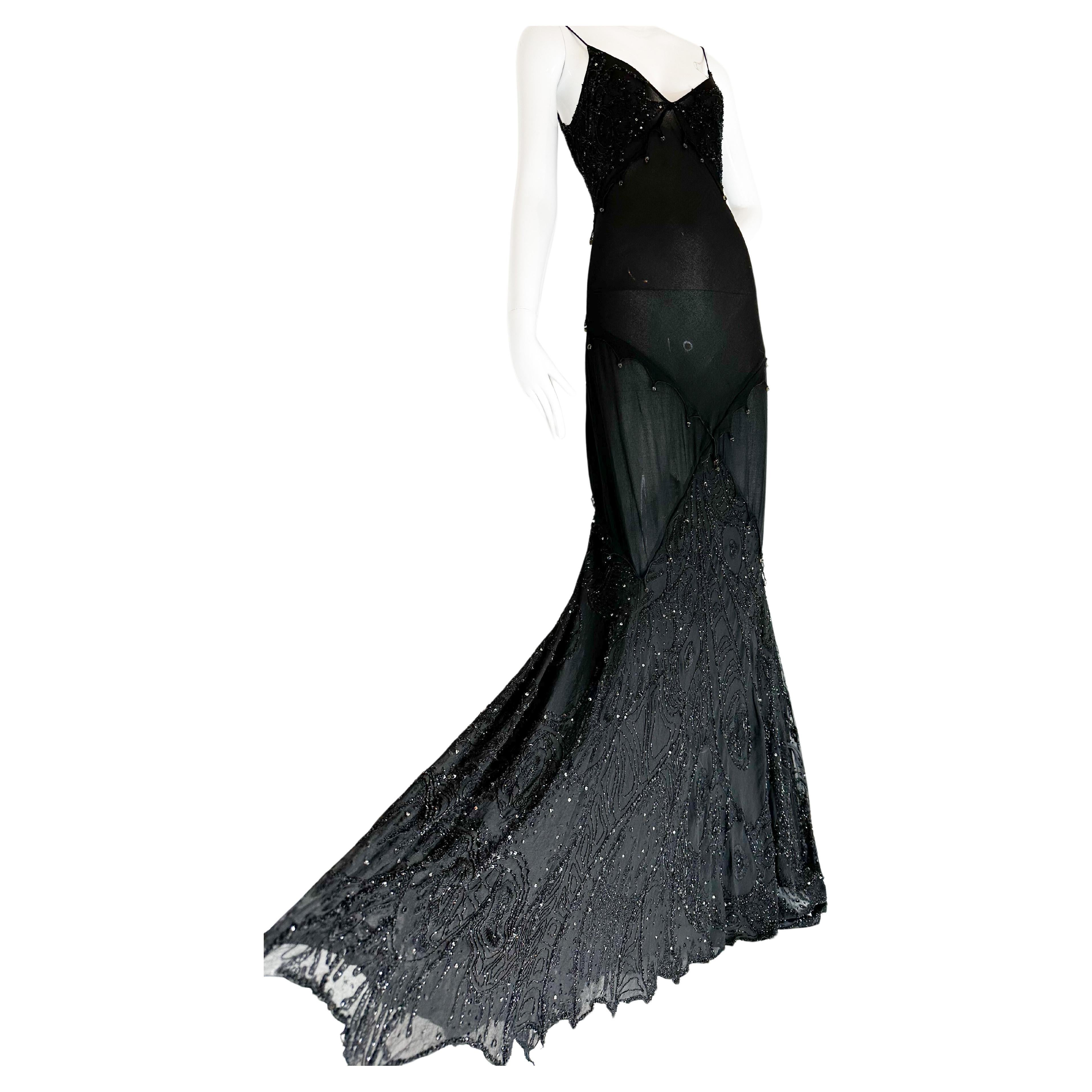 Roberto Cavalli 2003 Schwarzes perlenbesetztes Maxikleid  im Angebot