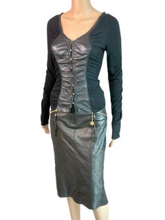 Roberto Cavalli 2003 Black Leather Sweater Top & Skirt 2 Piece Set Ensemble